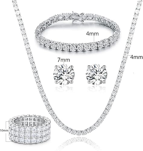 Miniatura 3 de Gemsme Juego de 4 collares de tenis chapados en oro amarillo de 18 quilates, pulsera, pendientes, 3 filas