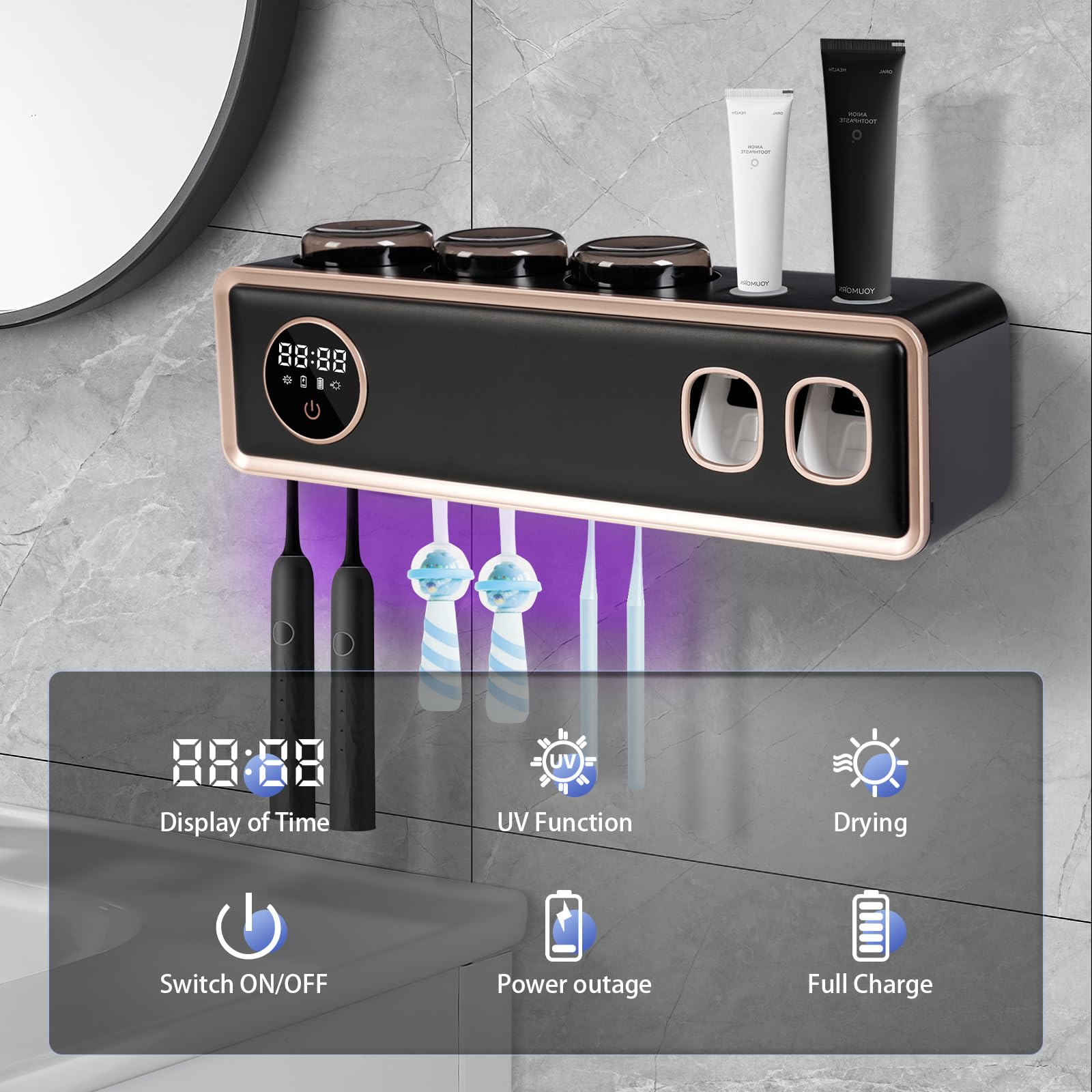Dispensador de pasta de dientes automática UV para cepillos de dientes de pared con pantalla LED USB, batería para cepillo de dientes eléctrico para cocina, cuarto de baño, hotel (negro)