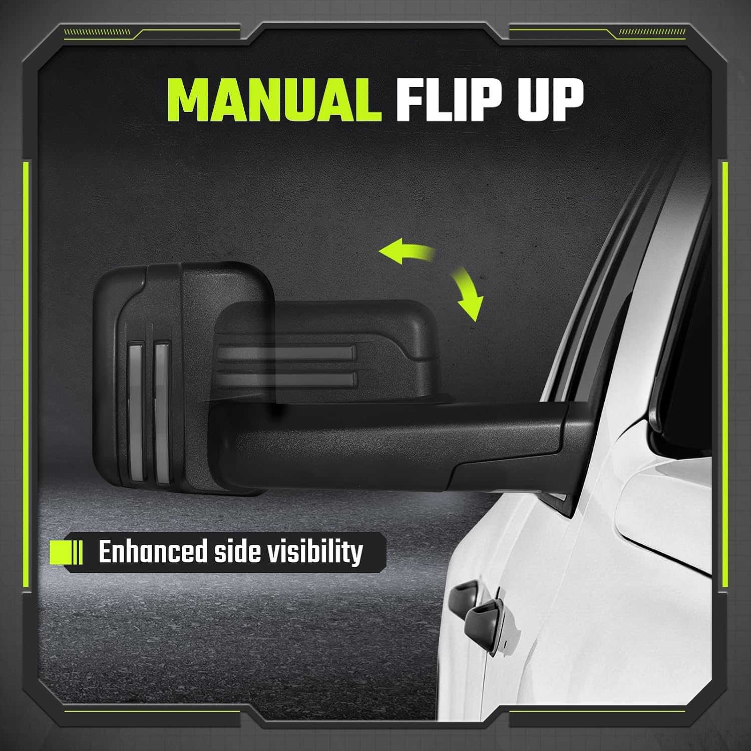Switchback Towing Mirrors for 2002-2009 Dodge Ram 1500 2500 3500 | Power Heated Trailer Mirror, Manual Flip Fold, Dynamic Turn Signal, Running Light, Puddle Lamp, Textured Black