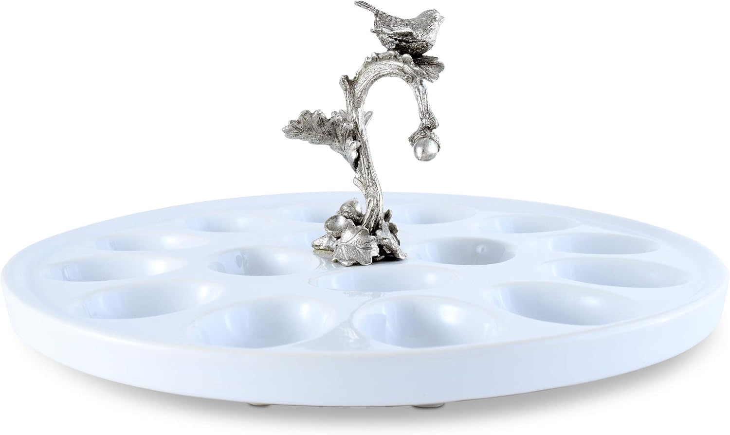 Vagabond House Stoneware Deviled Egg Tray with Pewter Song Bird Handle 10.5 inch Diameter