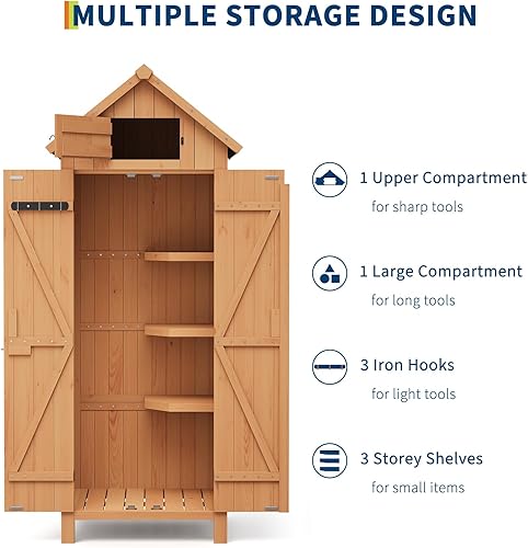 Miniatura 5 de GarveeLife Cobertizo de almacenamiento de madera para exteriores, impermeable, gabinete de almacenamiento vertical para exteriores de 70 pulgadas