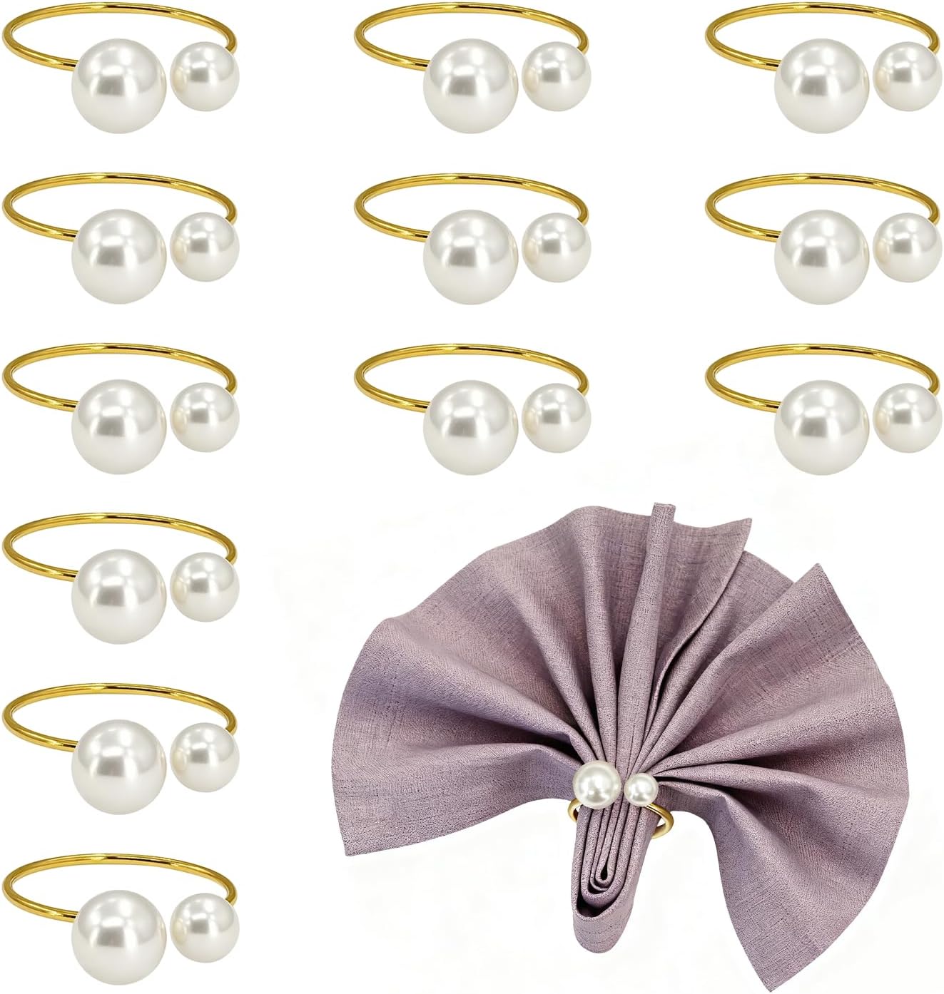 Gold Pearl Napkin Rings Set of 12, 4cm Ring with Double Pearls
