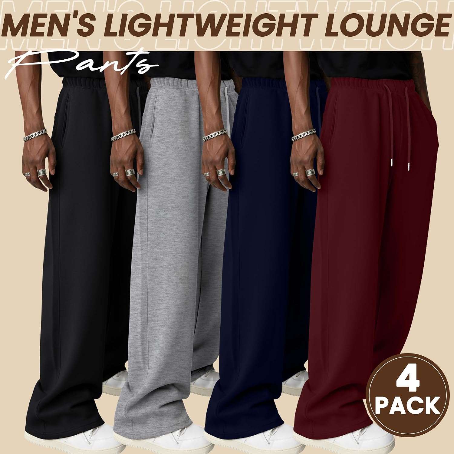 Neer 4 Pack Men's Lightweight Sweatpants Athletic Wide Leg Drawstring Open Bottom Pants Baggy Joggers Lounge with Pockets(Wine Red, Navy Blue, Light Gray, Black,XX-Large)