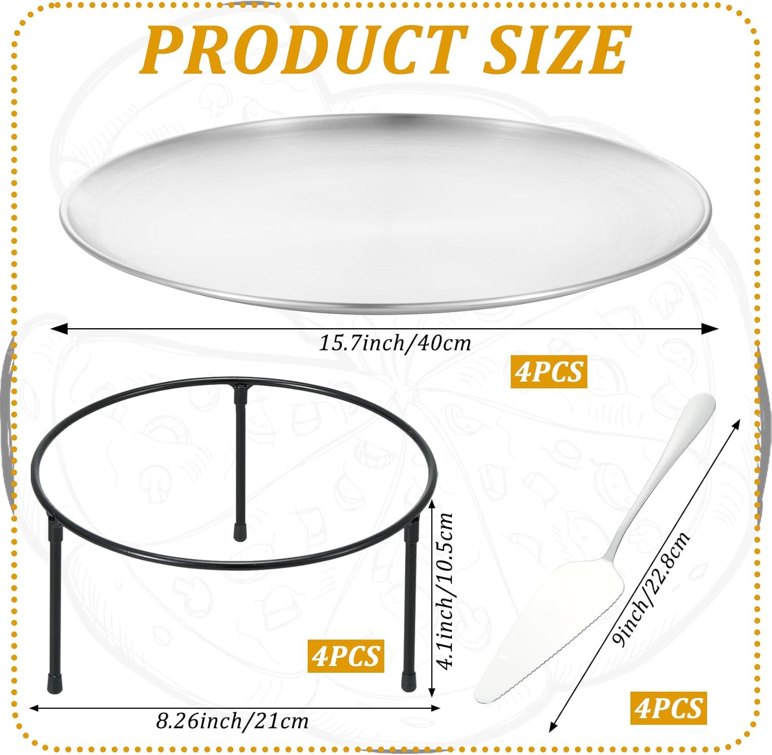 12 Pcs Pizza Pan Riser Stands Sets Includes 4 Round Pizza Tray Riser Rack Holder 4 15.5inch Pizza Pan and 4 Handle Pie Server, Pizza Rack Stand Pizza Tray for Home and Party