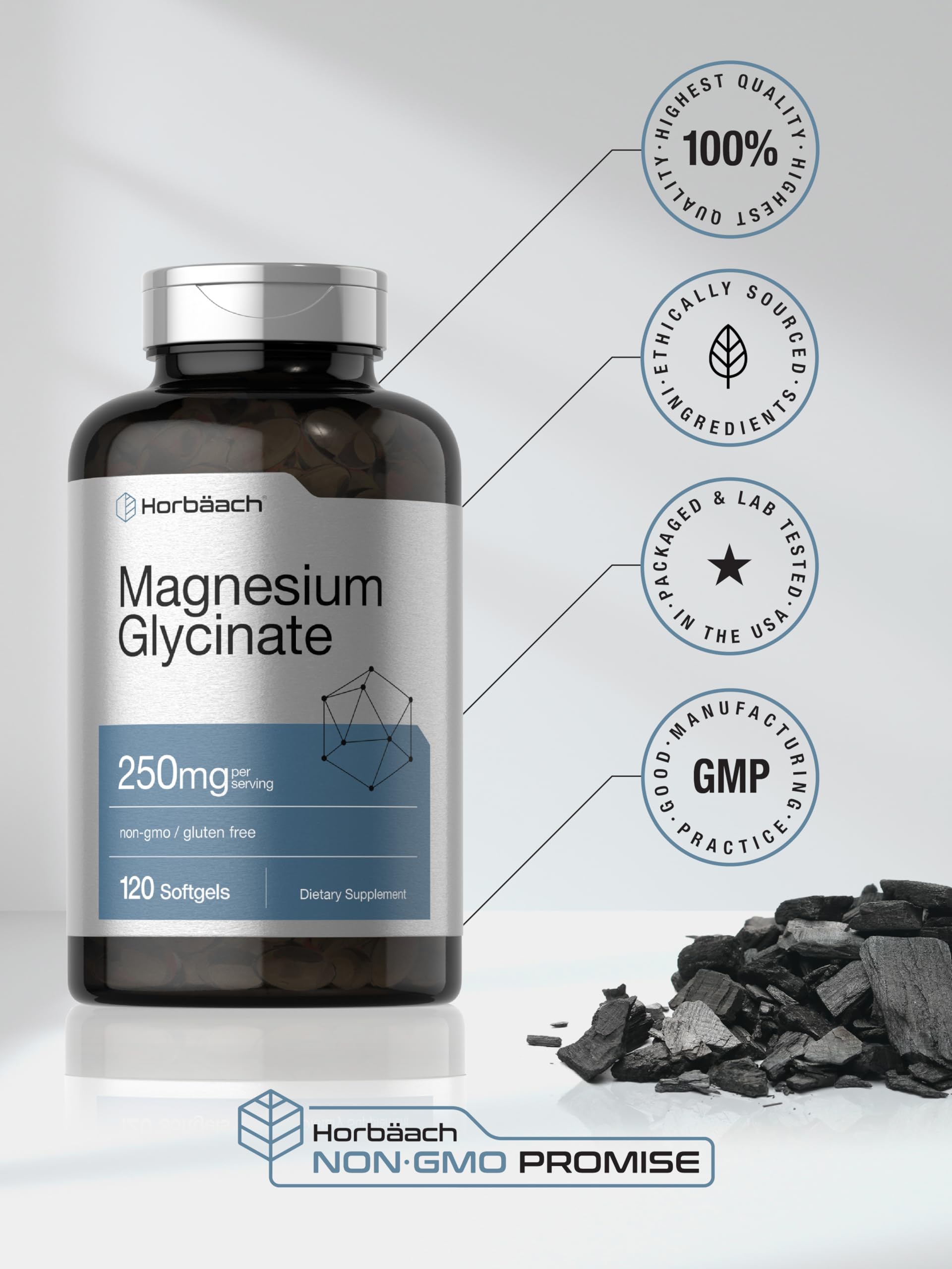Horbäach Magnesium Glycinate | 250mg | 120 Softgels | Non-GMO and Gluten Free Supplement