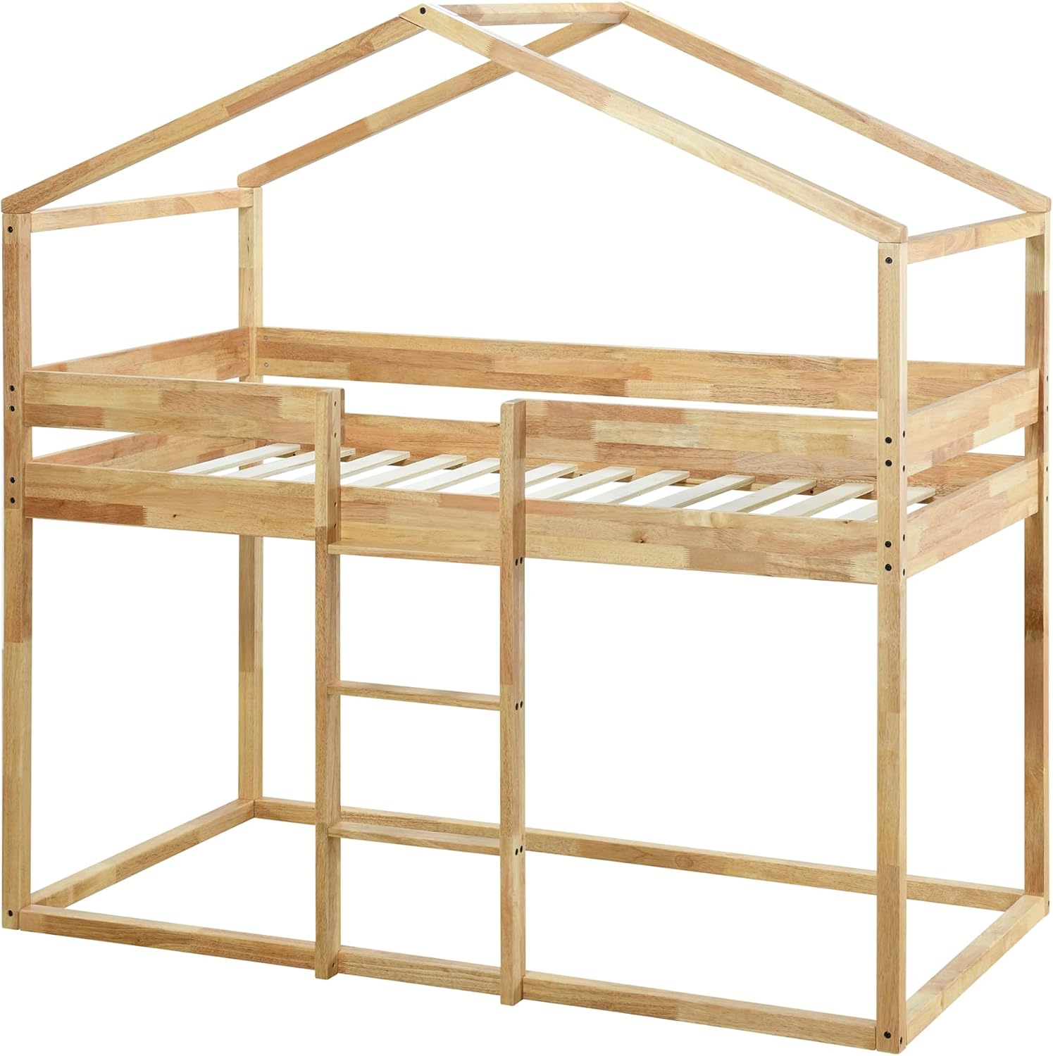 Bellemave House Bunk Bed with Tent, Twin Over Twin Floor Bunk Bed Frame, Kids Playhouse Bunk Bed with Roof and Ladder for Boys Girls Teens, Natural