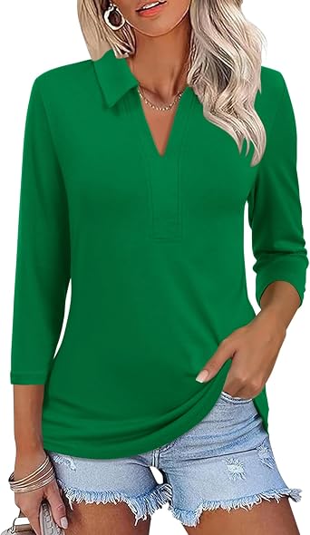 ZHENWEI Womens 3/4 Length Sleeve V-Neck Collared Tops Summer Business Casual Work Polo Shirts 2025