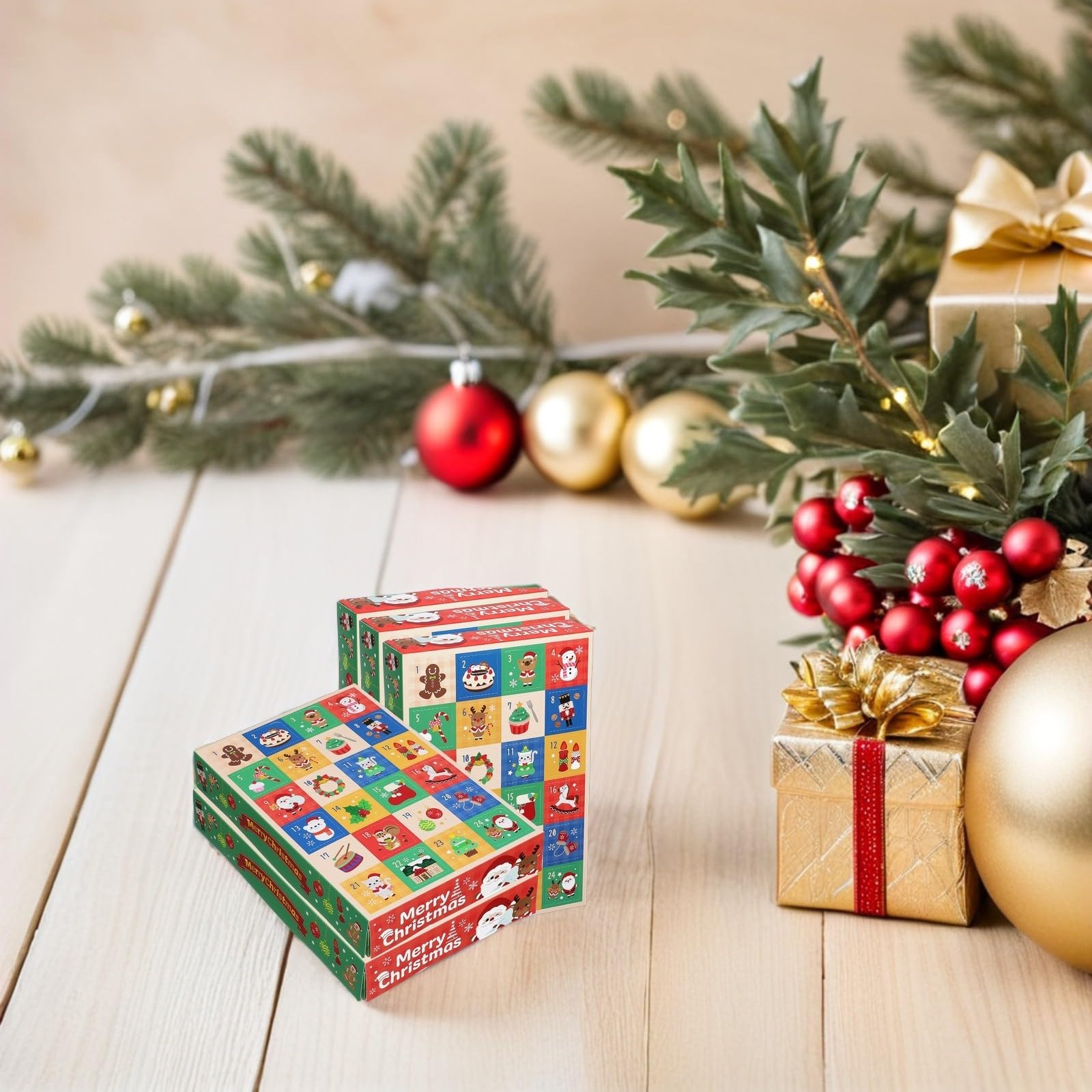 minkissy 5 Piezas Caja de Calendario de Adviento para Rellenar de Papel Ligera y DIY 24 Compartimentos para Fiesta y Celebración Navideña