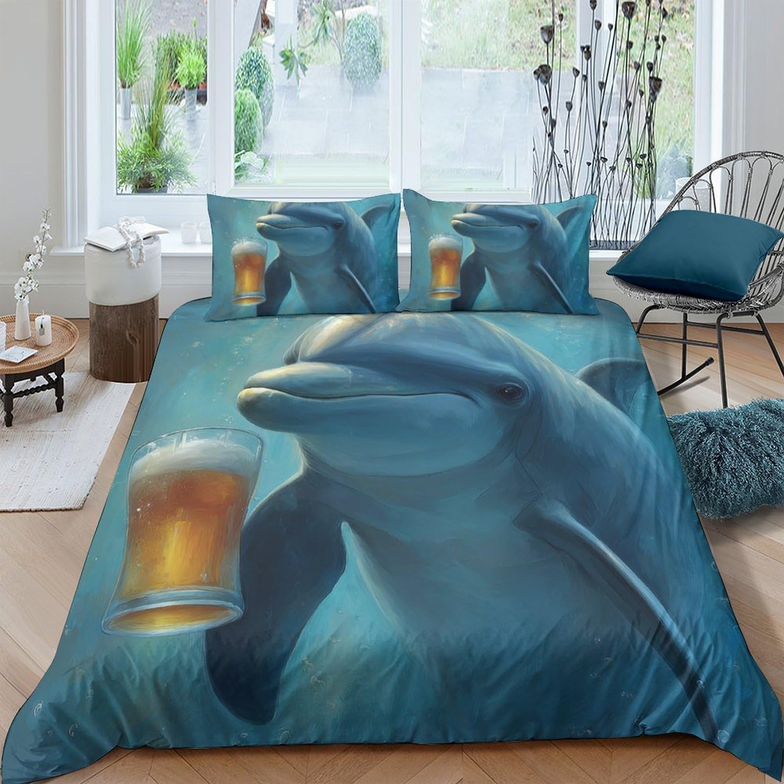 Ctjqhvkz Style-2 3D Printed Dolphin With Beer Fitted Sheet Microfiber Soft Blue Mattress Cover For Bedroom Guest Room Decor Single（135X200cm）