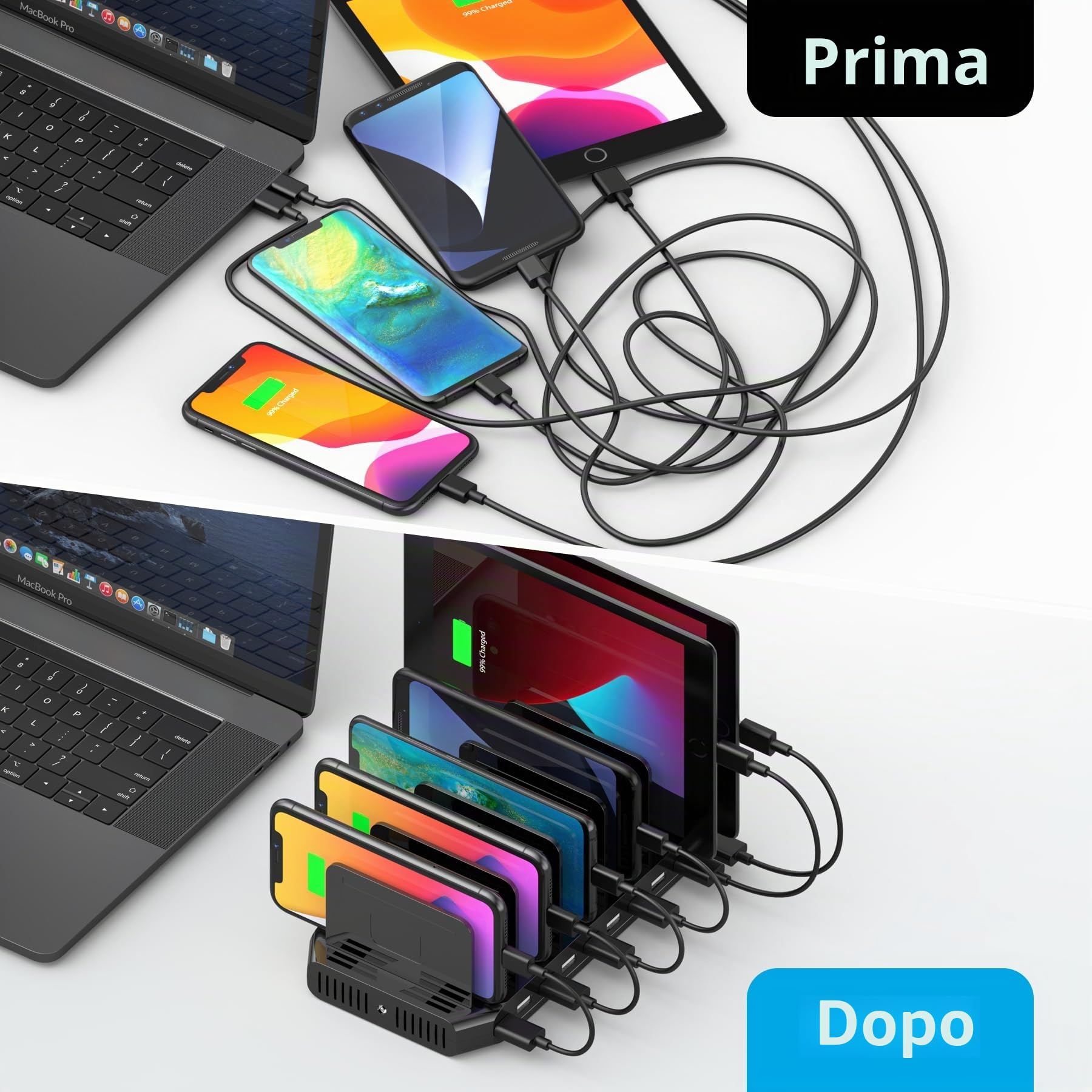 Unitek 60 W stazione di ricarica 10 porte, stazione di ricarica USB multi-dispositivo con separatori regolabili e SmartIC, compatibile con telefono, tablet e altro ancora