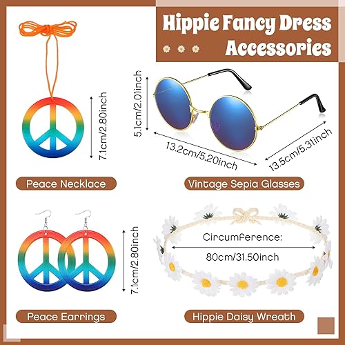 Miniatura 7 de Hicarer Juego de 6 accesorios de disfraz hippie que incluye diadema, poncho, collar, aretes, lentes de sol para mujeres y niñas