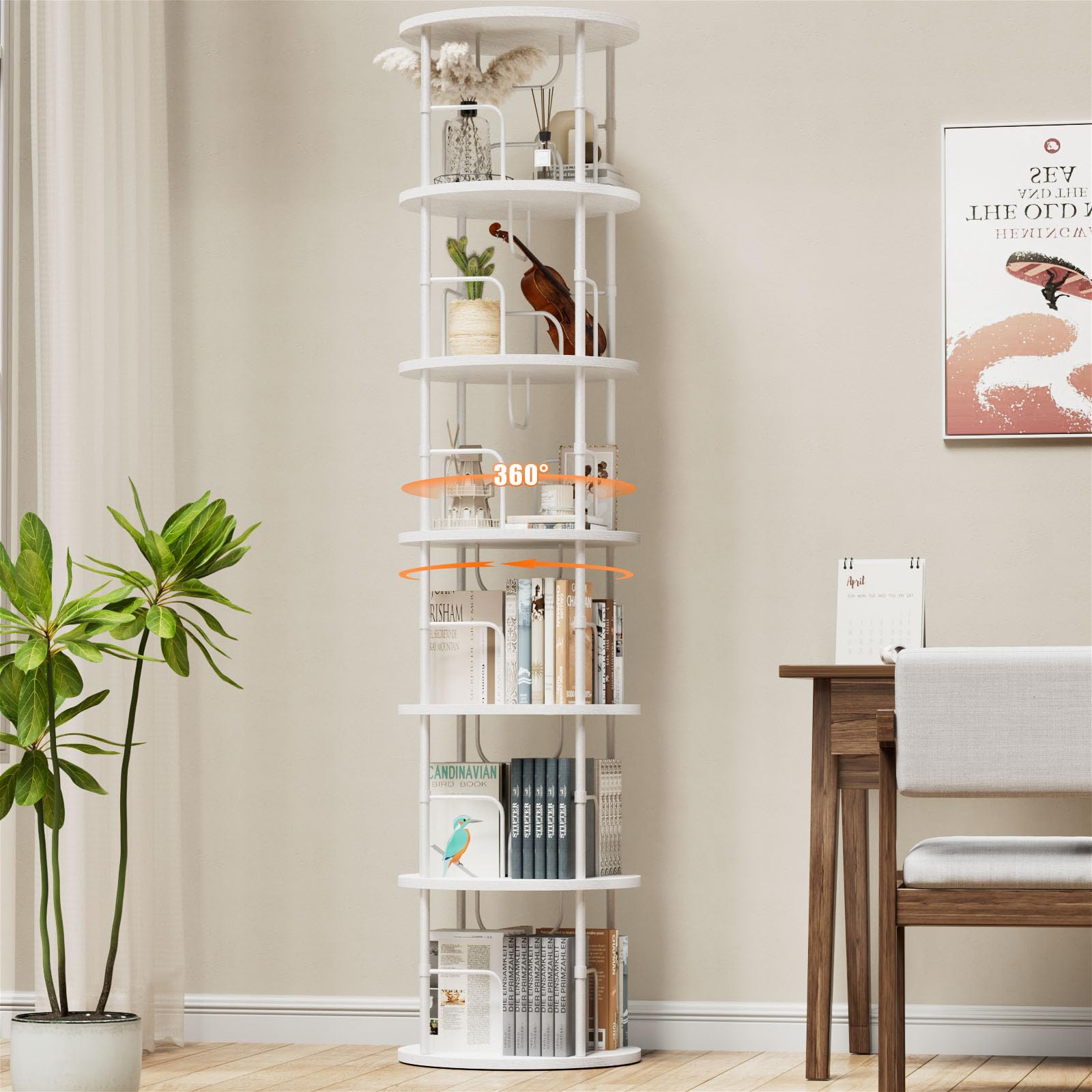 Generisch 360° Drehbares Bücherregal, Bodenstehendes Bücherschrank Aus Holz, Bookshelf Mit 6 Ebenen, Verstellbare Ebenen, Standregal, 45×45×193cm, Weiß