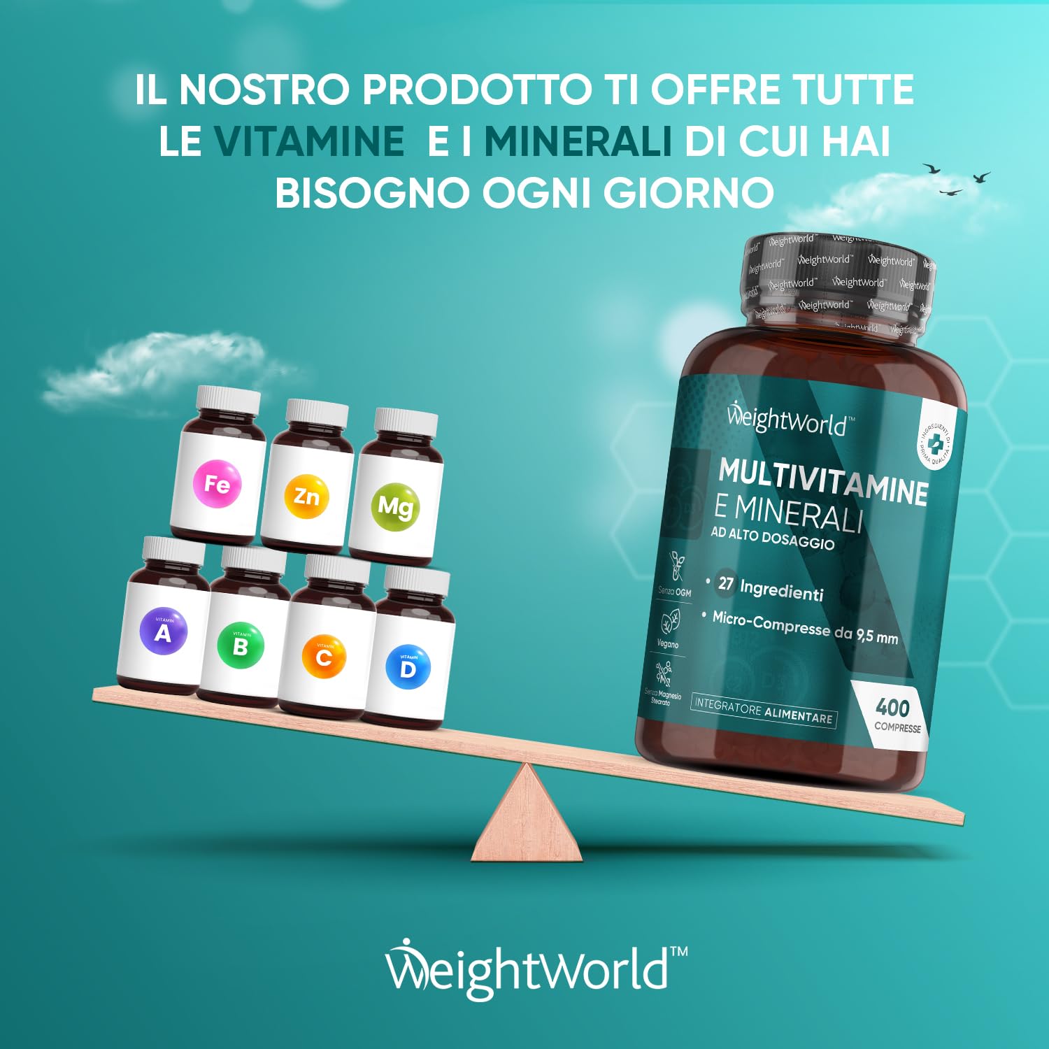 Multivitaminico Completo con 27 Vitamine e Minerali Essenziali, 400 Compresse Vegane alla Menta (1 Anno) Integratore Multivitaminico Uomo & Donna, Vitamine A, B, C, D3, E, Ferro, Zinco, Selenio, Iodio