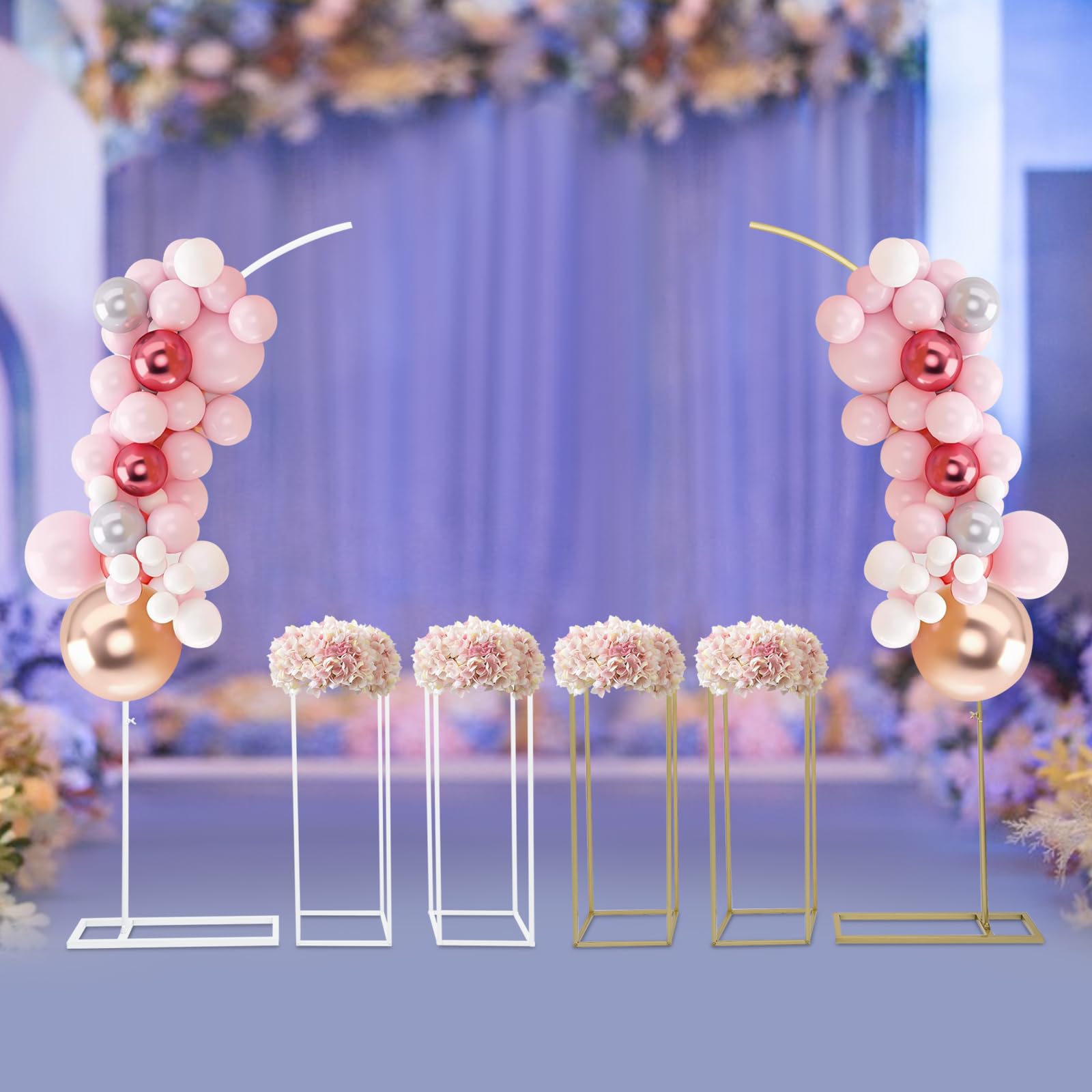 LUNUMAOS Backdrop Stand Tube Kit, 3.3*3.9ft Table Pole Stand, Adjustable Metal Table Arch Stand, Table Clip Stand for Parties and Wedding Photography,White+Golden