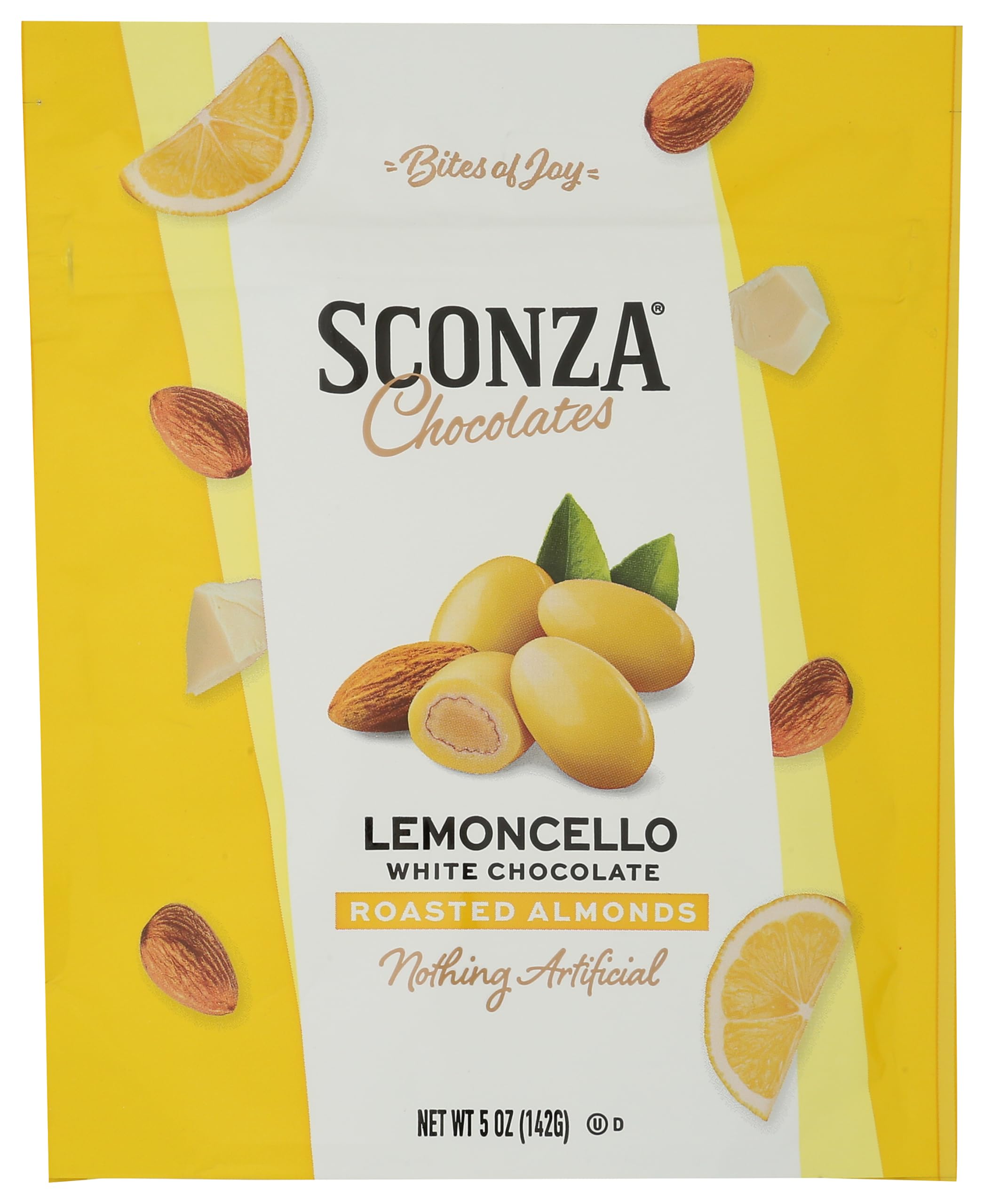 Sconza Lemoncello Chocolate Covered Almonds Roasted Almond Covered in White Chocolate and Lemon Creme Candy |5 Oz | Gift Snack (Pack of 1)