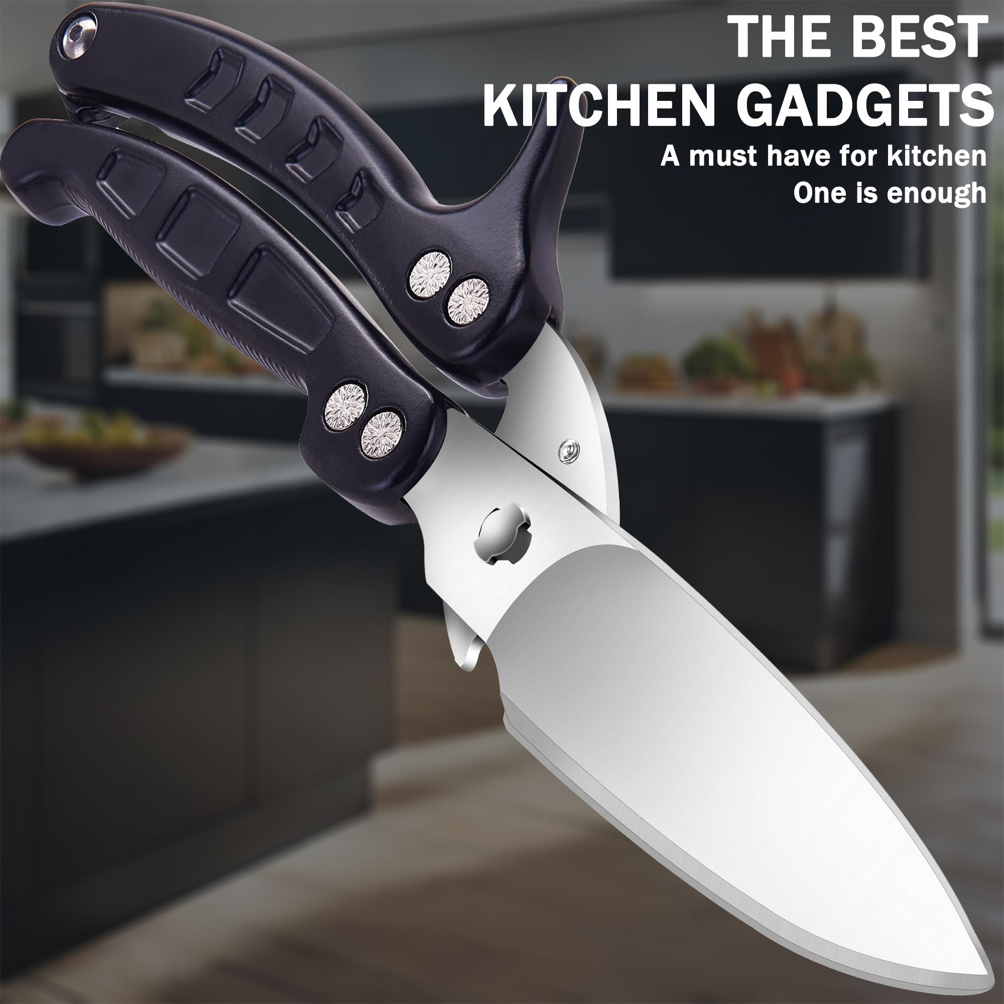 Tijeras de cocina, tijeras de cocina resistentes con borde dentado, desmontables como cuchilla, multiusos de acero inoxidable, afiladas para alimentos, para pollo, aves, peces, hierbas, color negro