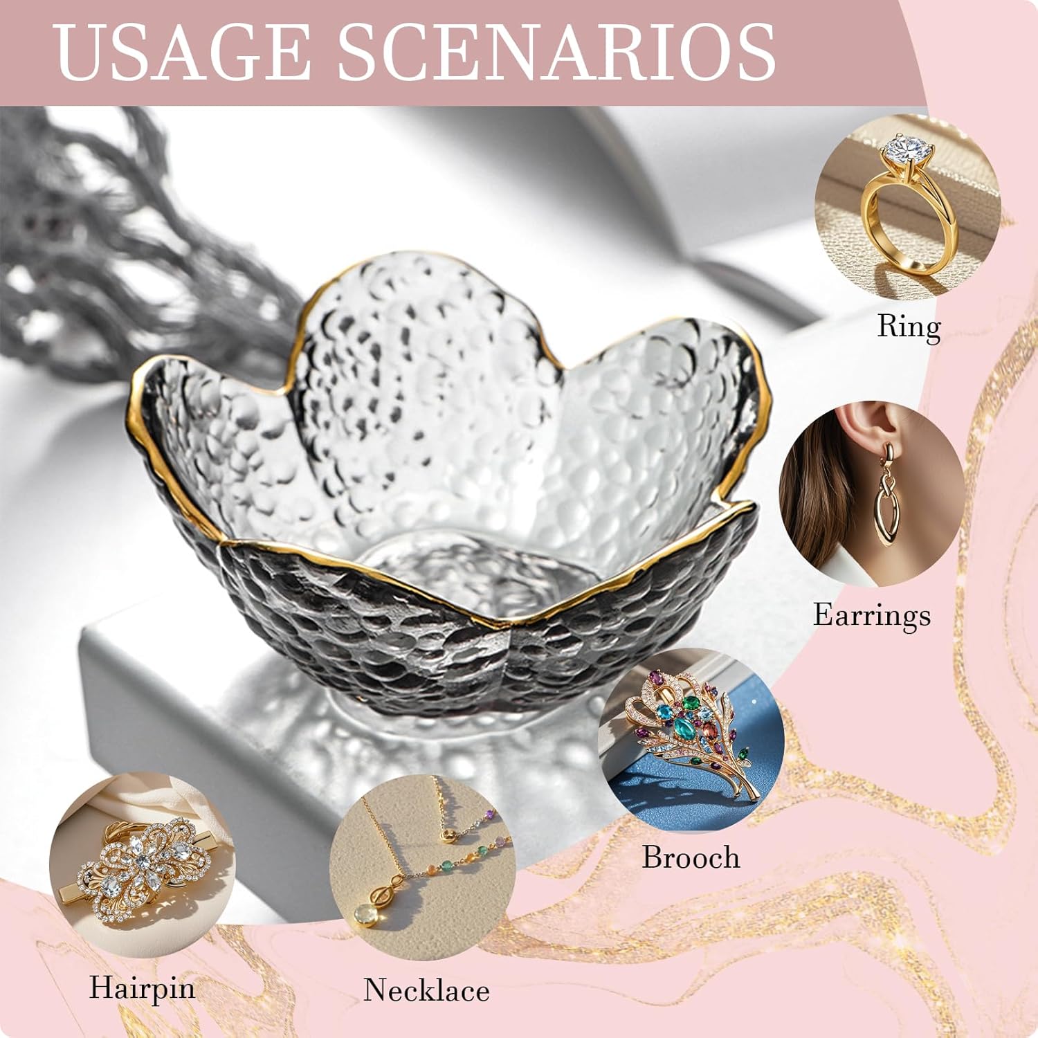 Grey Flower Jewelry Dish Glass Ring Dish Jewelry Tray Cute Vanity Organizer Room Decor Aesthetic Nightstand Bathroom Decor Trinket Dish Ring Holder Dish House Warming Gifts Stocking Stuffers for Women