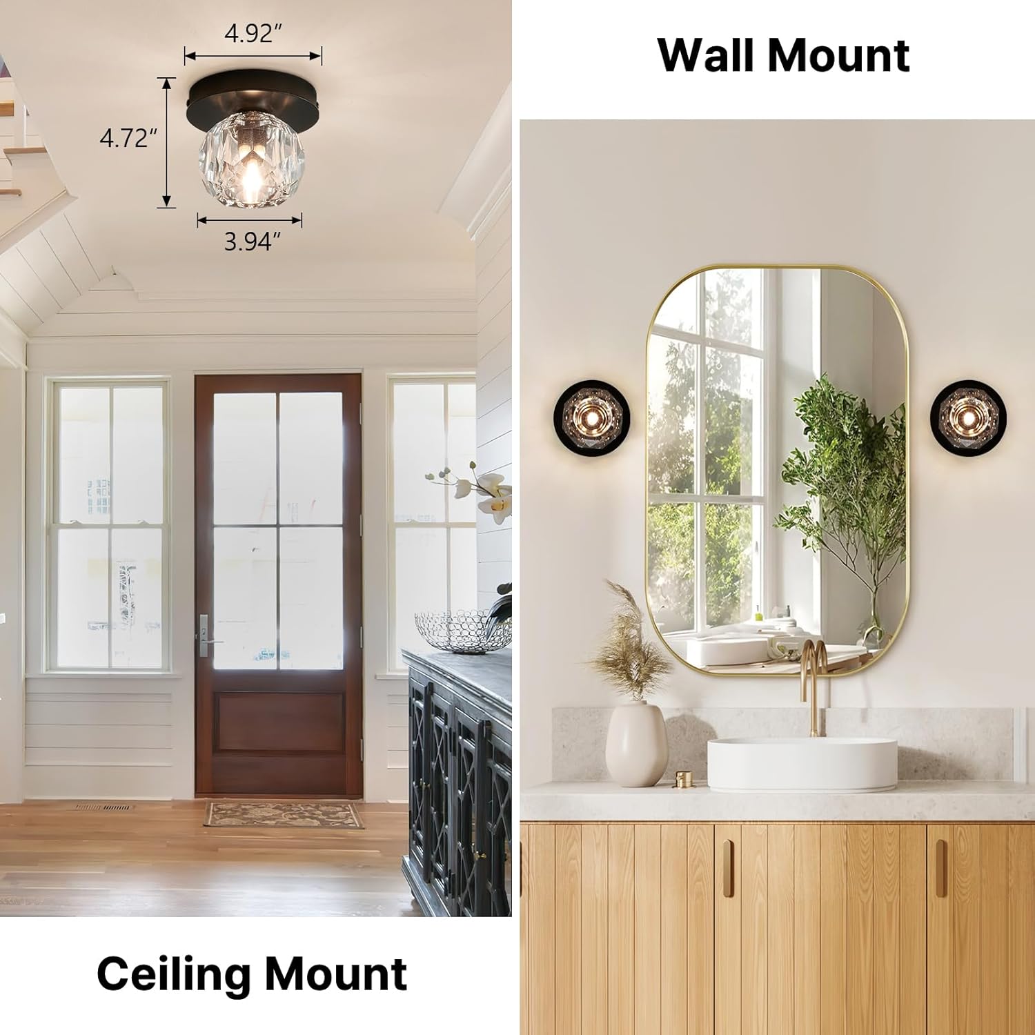 Crystal Small Chandelier Light Fixture: K9 Crystals Brass Semi Flush Mount Ceiling Lights - Black Globe Wall Sconce - Modern Mini Chandeliers for Bedroom Hallway Bathroom Living Room Entrance Closet