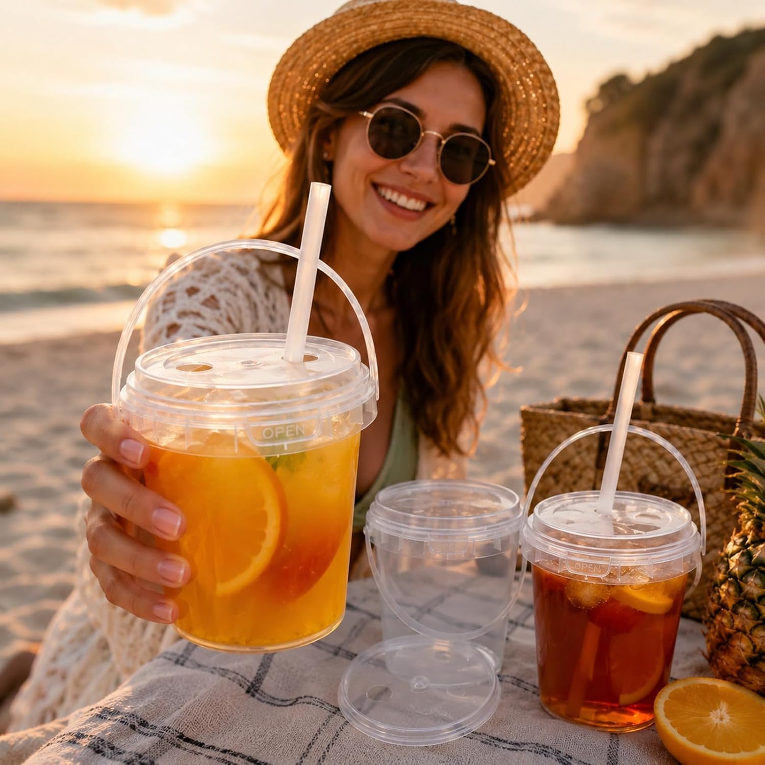 DEMORA 34oz Clear Plastic Buckets, 10 Set Reusable Food Safe Storage Containers with Dual Lids & Straws, Multipurpose Drink Bucket Cups for Iced Drink, Lemonade, Ice Cream, Meal Prep and Party Use
