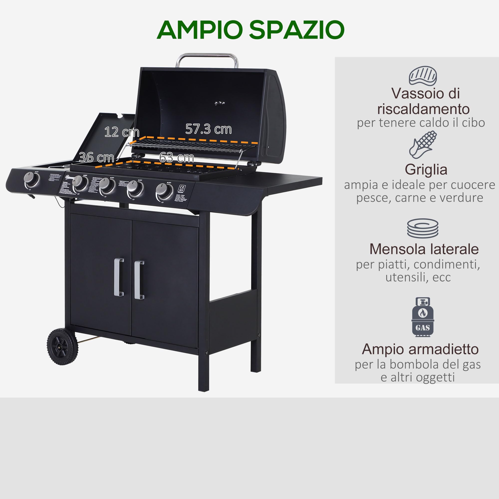 Outsunny Barbecue a Gas 5 Fornelli con Ripiani Laterali e Armadietto, 125x51x100 cm, Nero