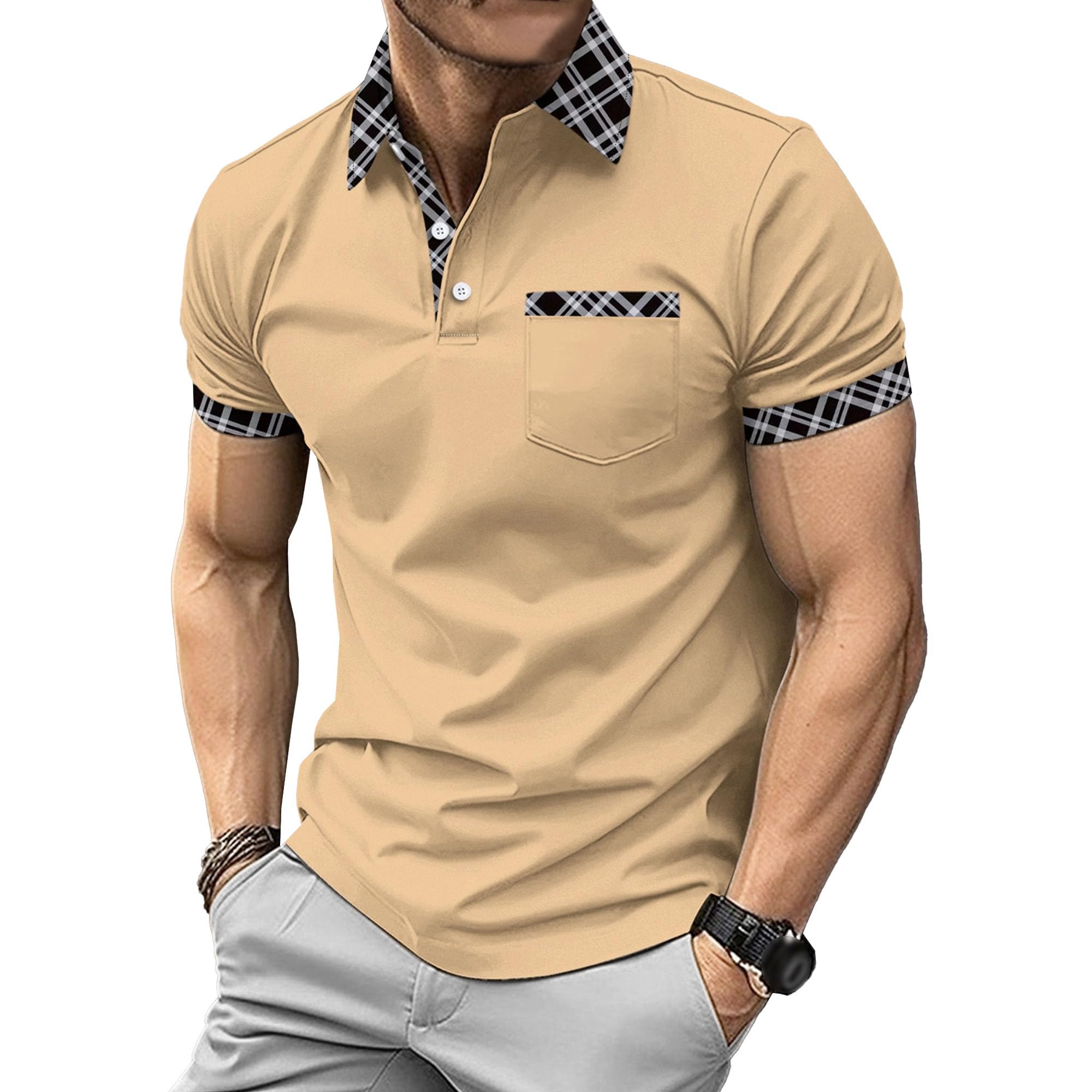 Men Chest Pocket Lapel Polo Shirt Quarter Button Color Matching T-Shirt Summer Casual Business Pullover Tops (Khaki,X-Large)