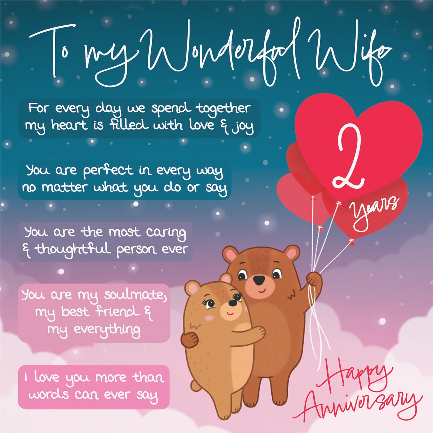 Hunts England, Wife 2nd Anniversary Card, Starry Night, Cute Bears, Verse 2nd Anniversary Card For Wife - Image 2
