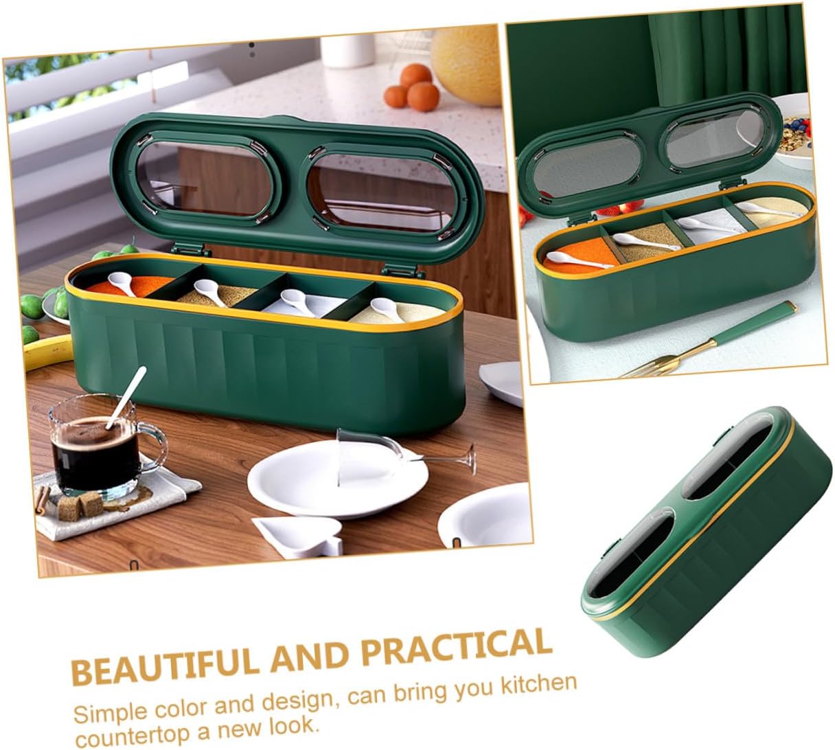 Green Desktop Seasoning Box, Multi-compartment Spice Container with Airtight, Portable Kitchen Accessory for Home Cooking and Camping