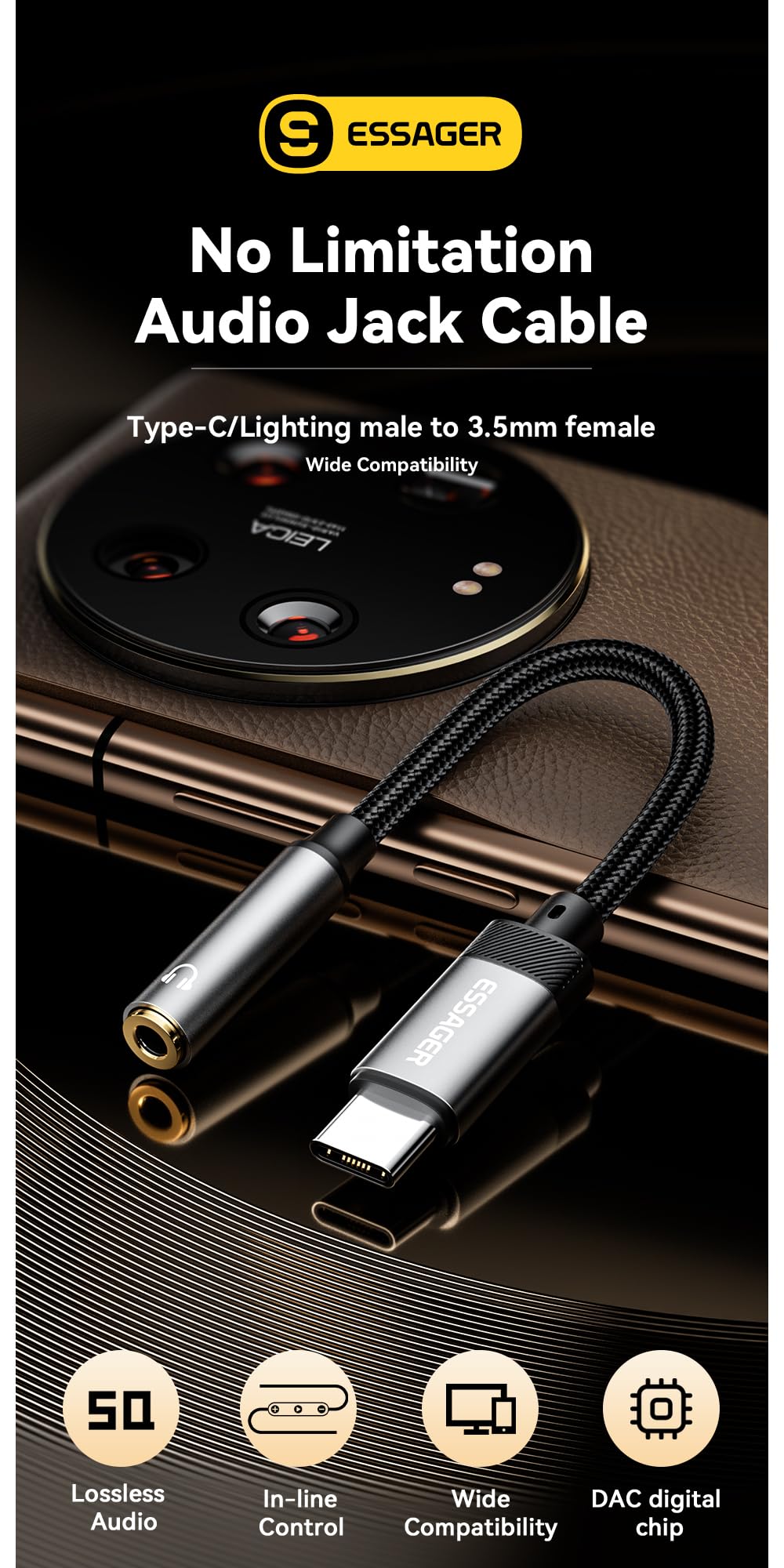 ESSAGER USB C to 3.5mm Audio Adapter, Hi-Res DAC Aux Headphone Jack Female Nylon Cable for iPhone 16 Pro Max, 15 Pro Max/15 Pro/15 Plus, Galaxy S24/S223/S22 Ultra, Pixel, and More Type C Devices