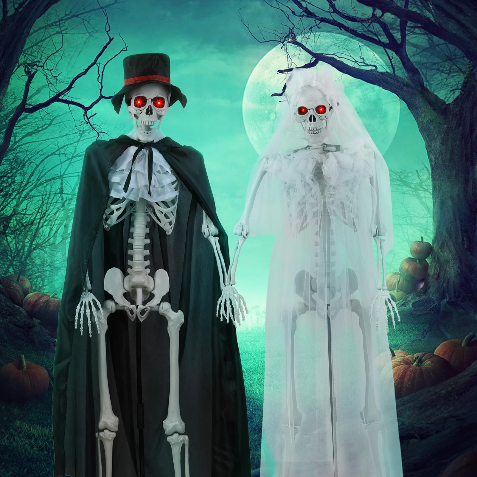 Szkielety halloweenowe naturalnej wielkości możliwy szkielet para panna młoda pan młody nawiedzony dom rekwizyt ruchome stawy świecące oczy efekty dźwiękowe wewnątrz na zewnątrz podwórko dekoracje