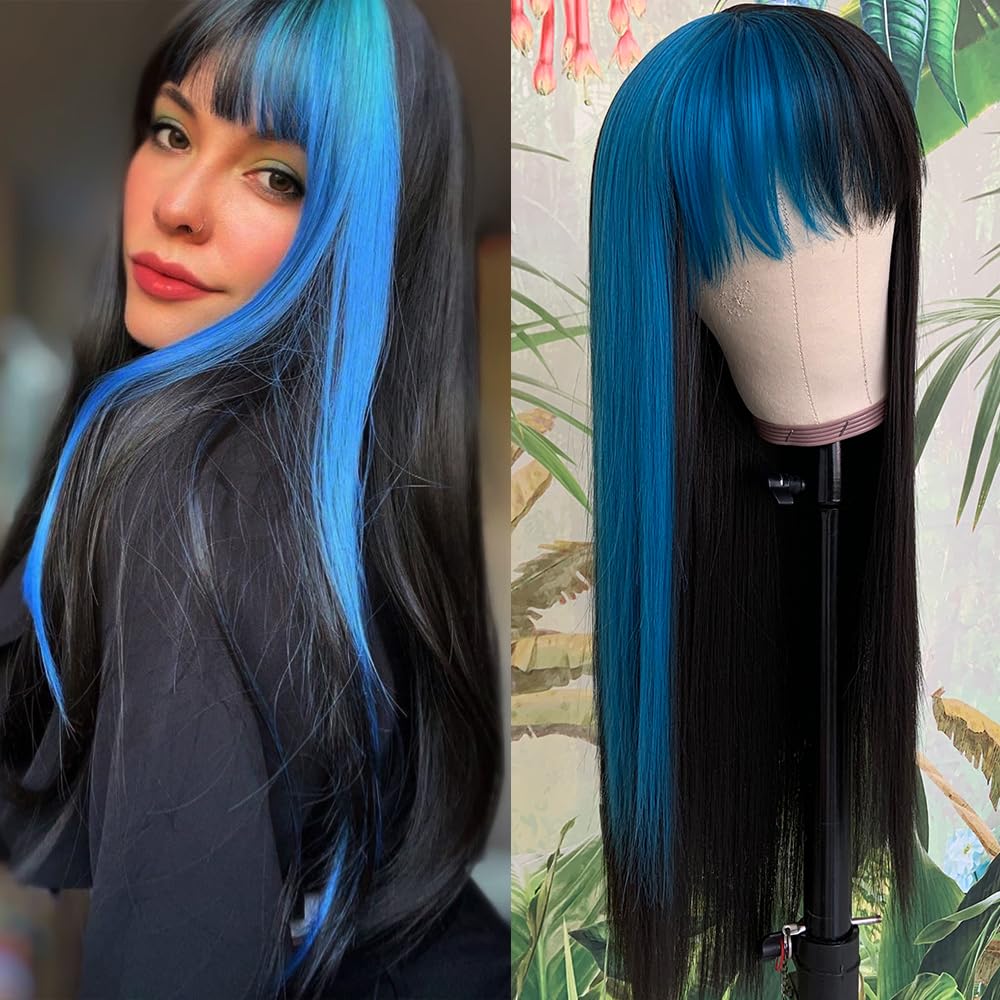 QD-Tizer Blue Highlights Black Hair Synthetic Wigs with Bangs Glueless Heat Resistant Synthetic no lace wigs for Black Women