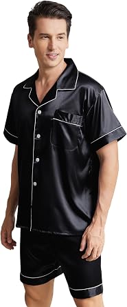 Mens Satin Pajamas Set Short Sleeve Button Down Sleepwear Silk Lounge Set Soft Two Piece PJs with Pockets