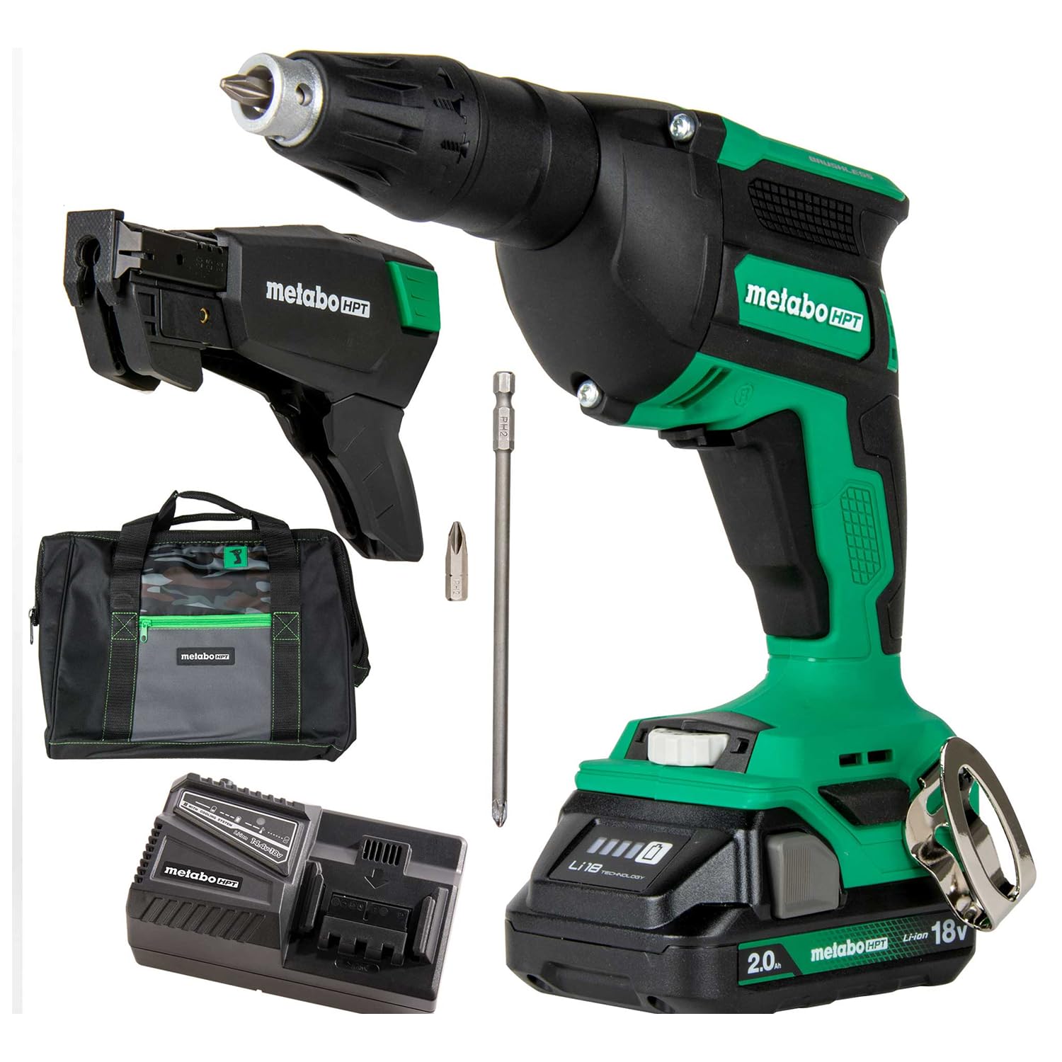 Metabo HPT 18V MultiVolt Cordless Drywall Screw Gun Kit, High-Speed Power Screwdriver with Collated Screw Magazine, 2.0Ah Lithium-Ion Battery and Charger, Lightweight Ergonomic Design, W18DAQB