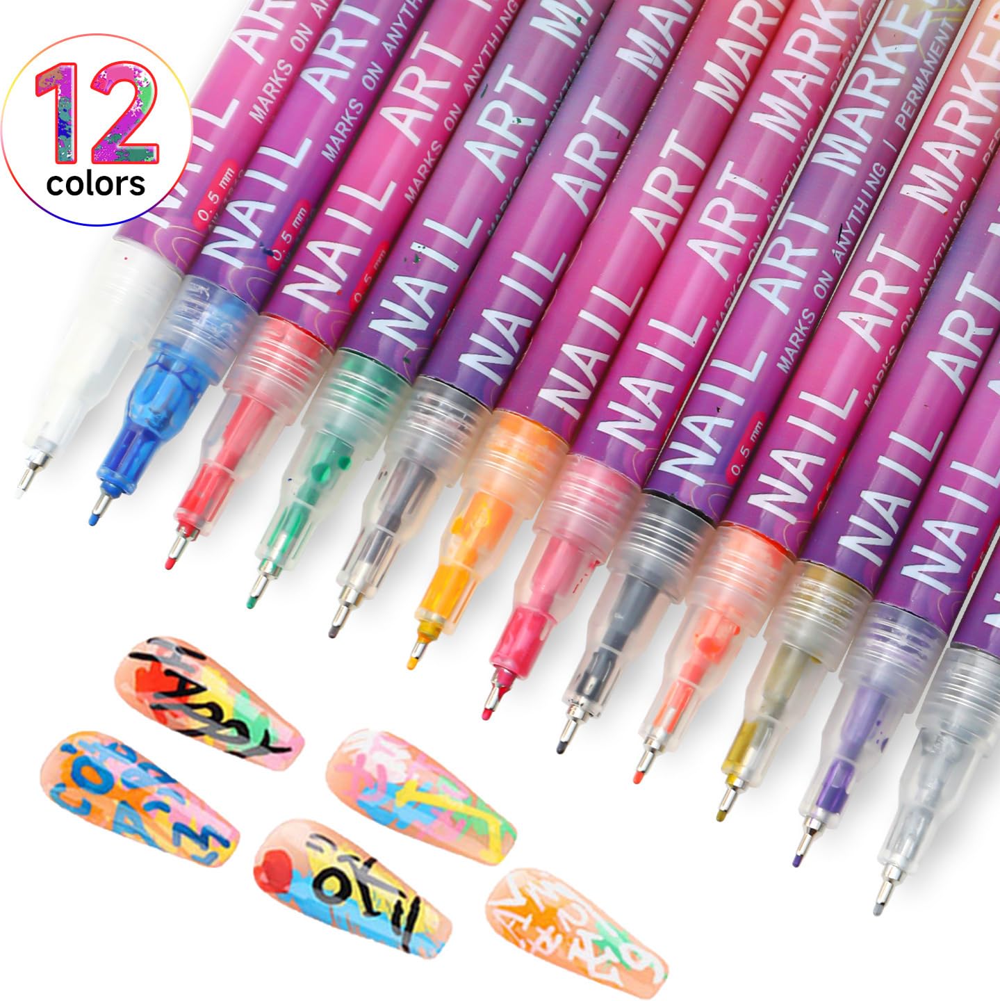 Nail Art Pens Set 12 Colors - Nail Art Markers, Drawing Painting Liner Brush for DIY Nail Art Beauty Adorn Manicure Tools, Fine Tip Nail Art Pen 0.5mm, Quickly Dry Nail DIY Decoration for Women