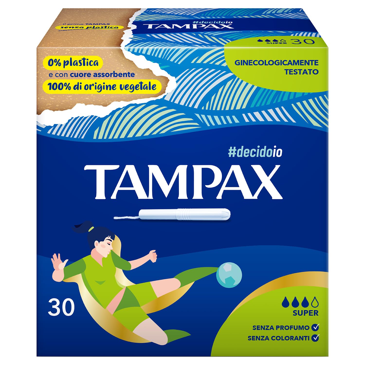 TAMPAX super, 30 tamponi con applicatore in cartone e cuore assorbente 100% di origine vegetale. Senza plastica e con sistema di protezione antiforiuscita, ideal per flusso bbondante