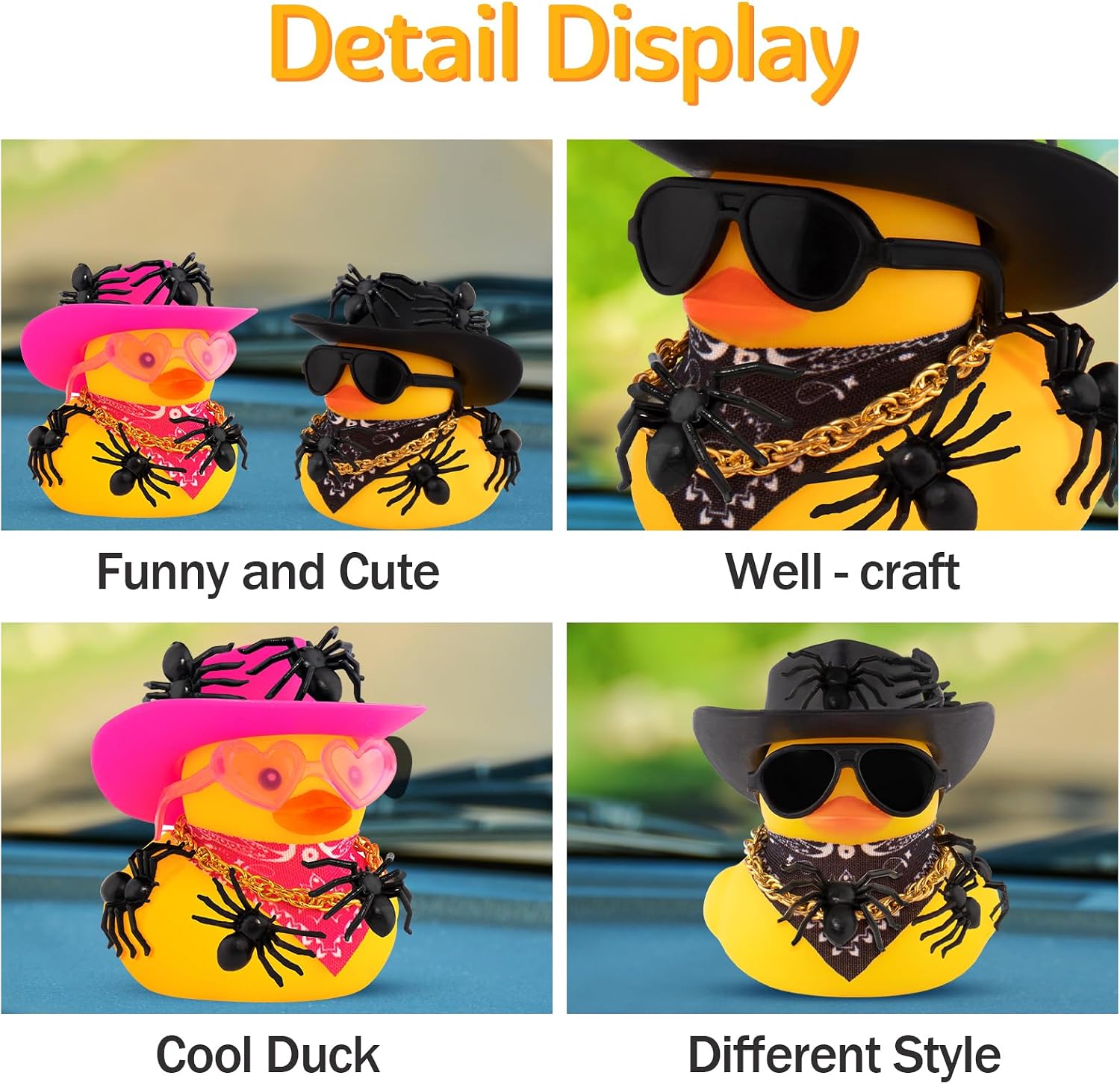 wonuu Car Dashboard Rubber Ducks for Halloween, Decorations Duck for Office Desk Ornament Accessories with Cowboy Hat Heart Glasses Spider Chain Scarf, for Halloween Party Gifts (Black)