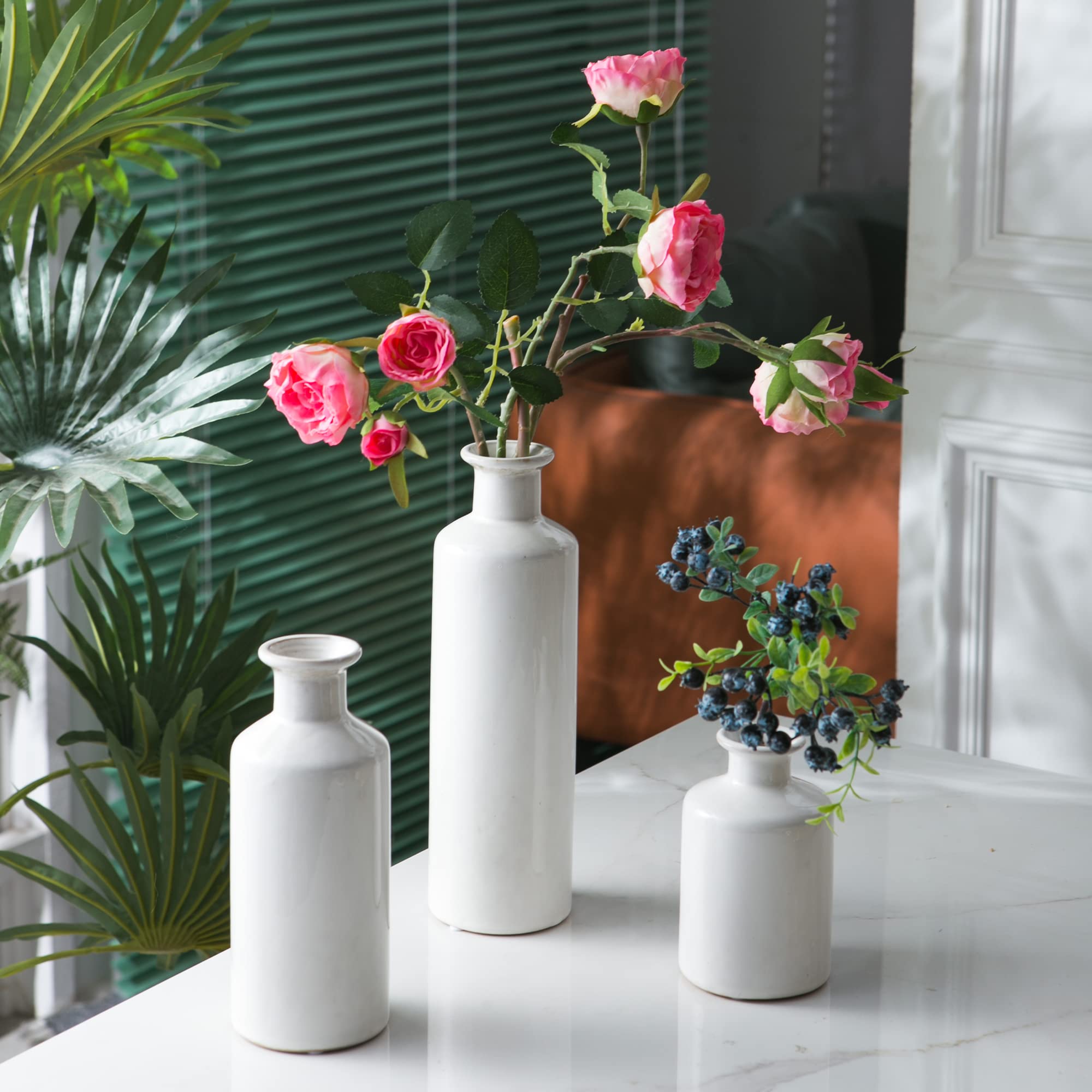Mowtanco Vasen für Tafelaufsätze, weiße Keramikvase, 3er-Set, moderne Bauernhaus-Heimdekoration, minimalistischer Stil für Esszimmer, Wohnzimmer, Schlafzimmer, Küche, Couchtisch, Bücherregal