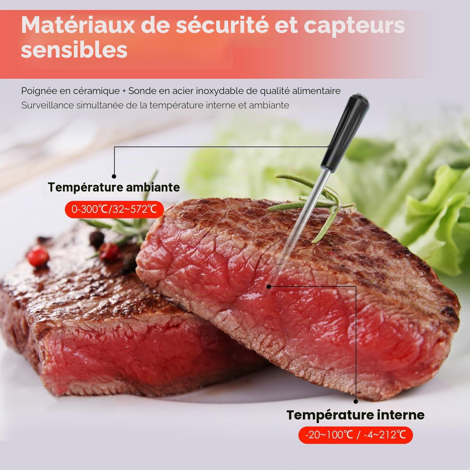 Thermomètre Cuisine Sans Fil, Thermometre Cuisson avec App et Double Capteur, Bluetooth IP67 Étanche Sonde Thermomètre Culinaire pour BBQ, Grill, Fumoir, Four, Sous Vide