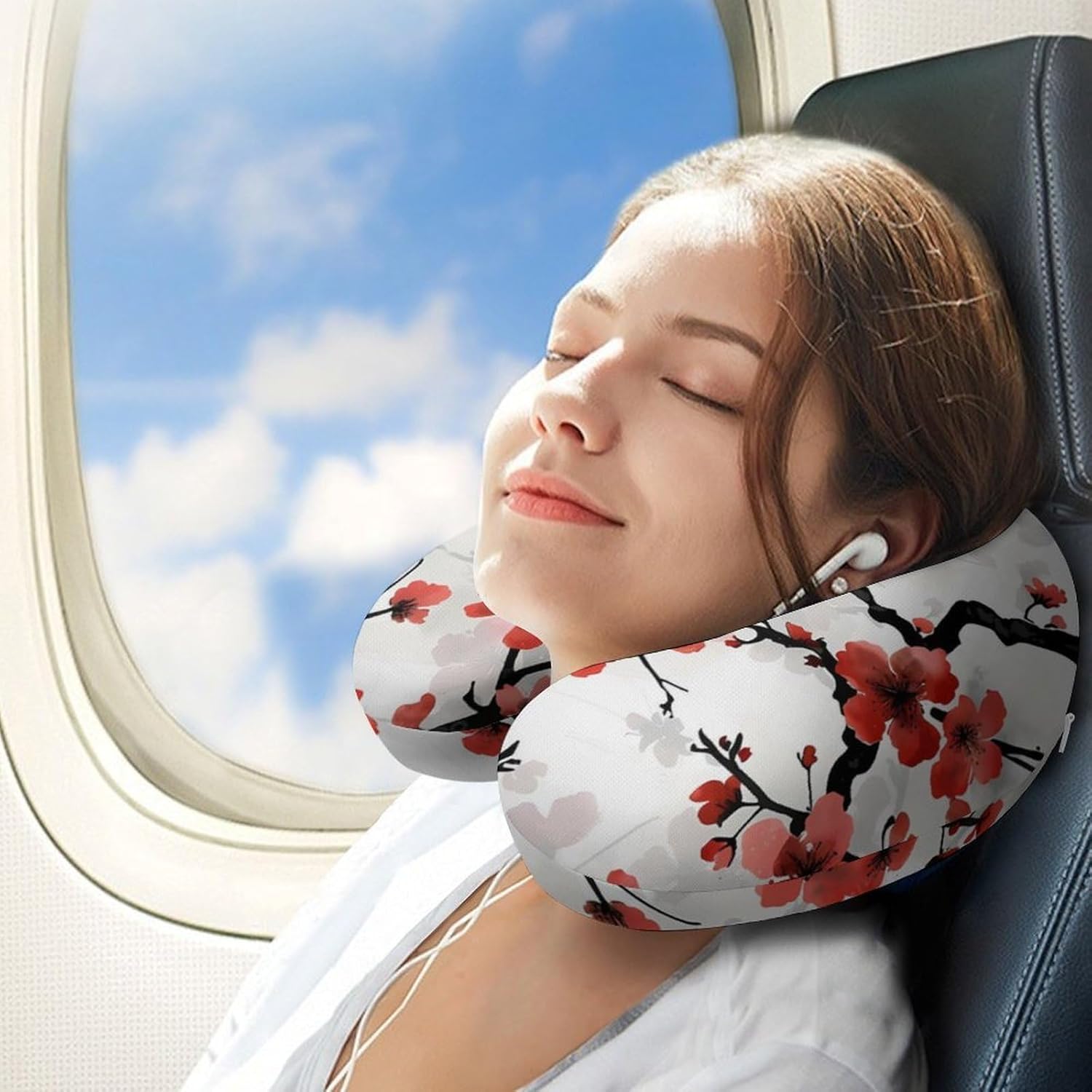 Cherry Flower Travel Pillow U Shape Neck Pillow Washable Pillowcase for Sleeping Chair
