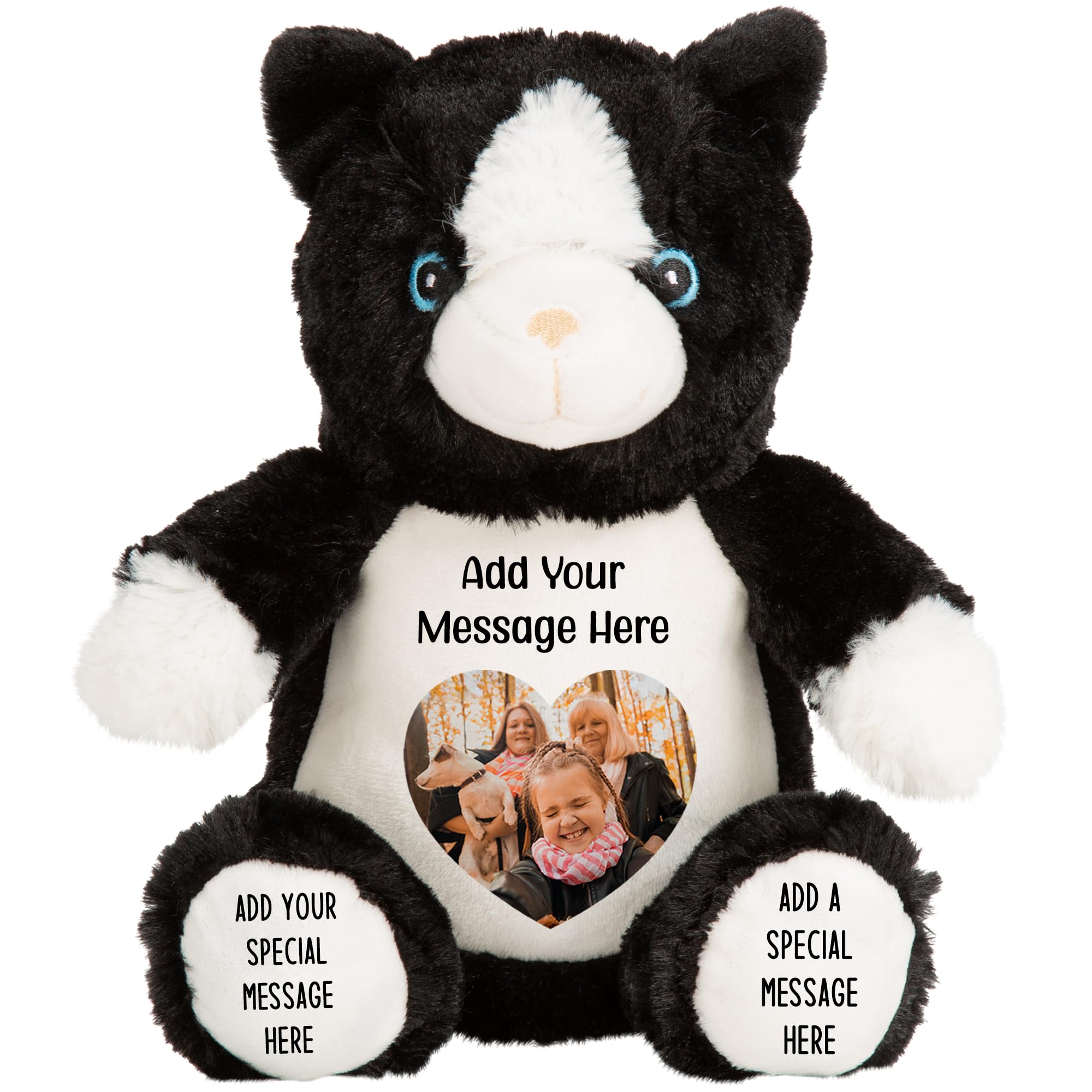 Personalised Photo Teddy Bear – Add Photo on Front & Text on Feet | 28 Styles | Custom Keepsake Gift for Baby, Sympathy, Birthday & More (Black/White Cat Teddy Bear)
