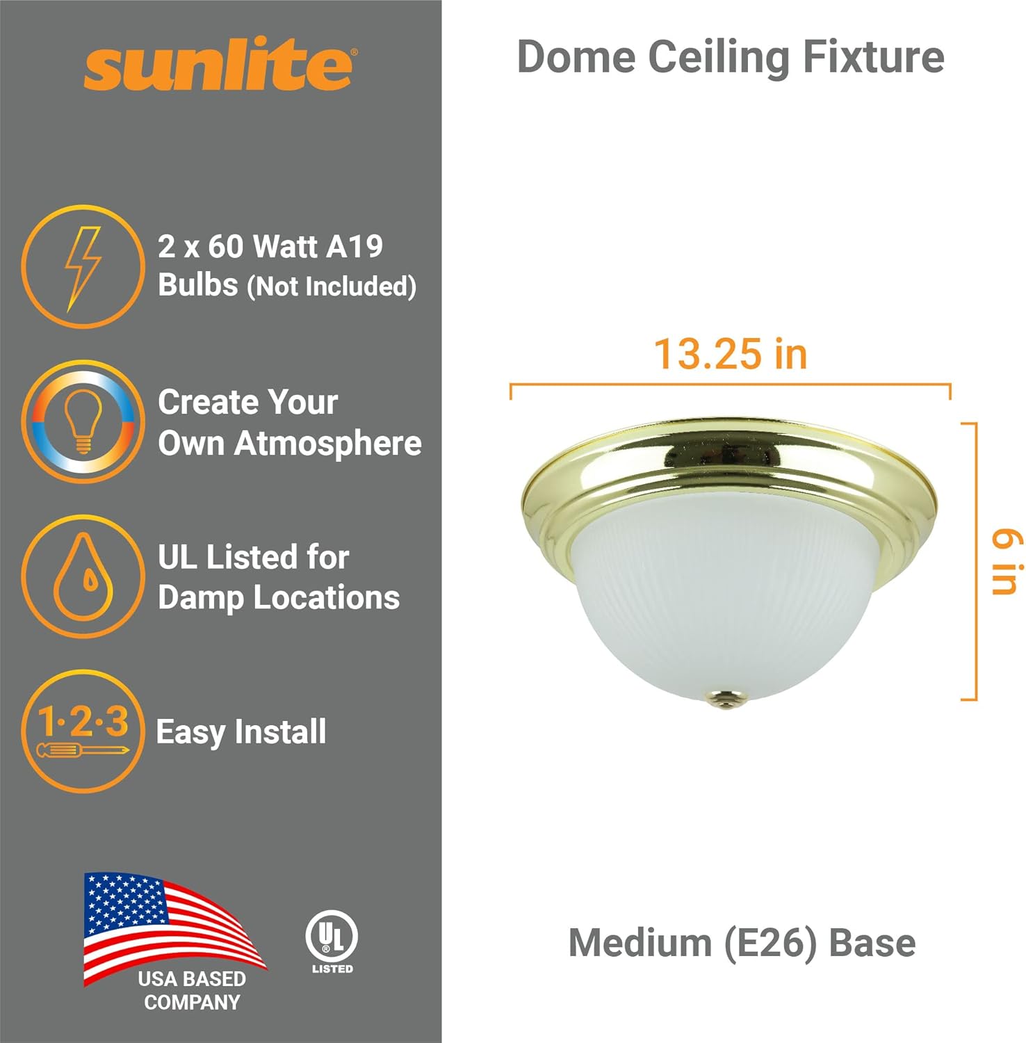 Sunlite 04582 13" Decorative Dome Ceiling Fixture, 60 Max Wattage, Medium Base Socket (E26), 120 Volts, Indoor, UL Listed, Polished Brass Finish, for Hallways, Entryways & Residential