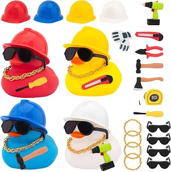 wonuu 24pcs Construction Worker Rubber Ducks with Gloves, Tape Measure, Screwdriver, Axe, Drill, Utility Knife, Pliers, Hammer, Helmets, Sunglasses, Gold Chains, Occupation Cosplay Colorful Duckies