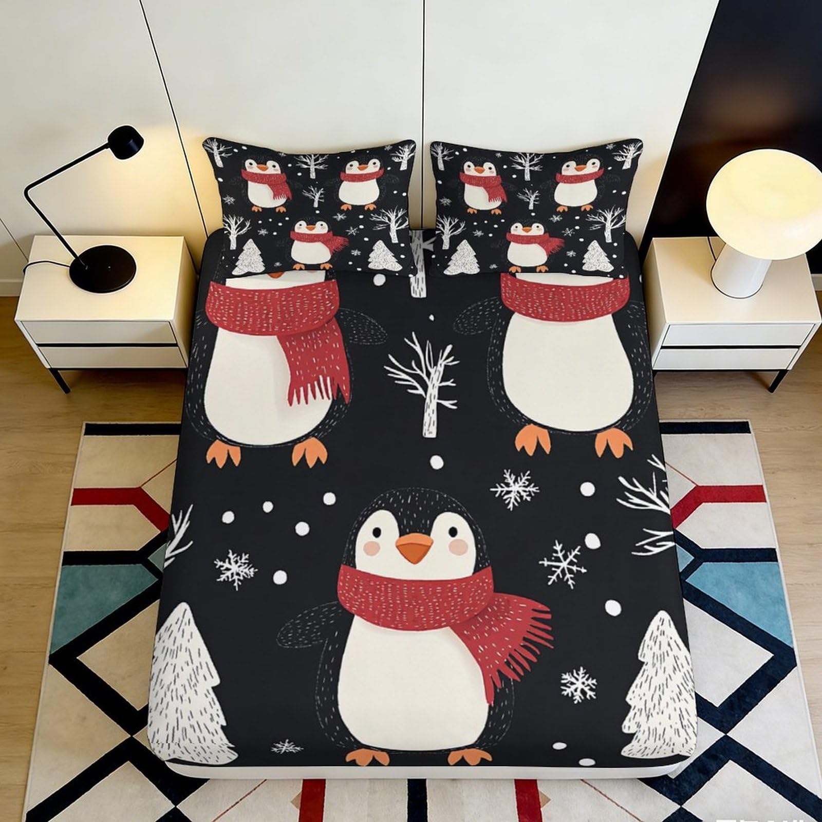 Jqzkxnhpbr Style-2 3D Printed Penguin Snow Fitted Sheet Microfiber Soft Black Winter Bed Sheet Bedroom Dorm Mattress Cover 90X200x25cm