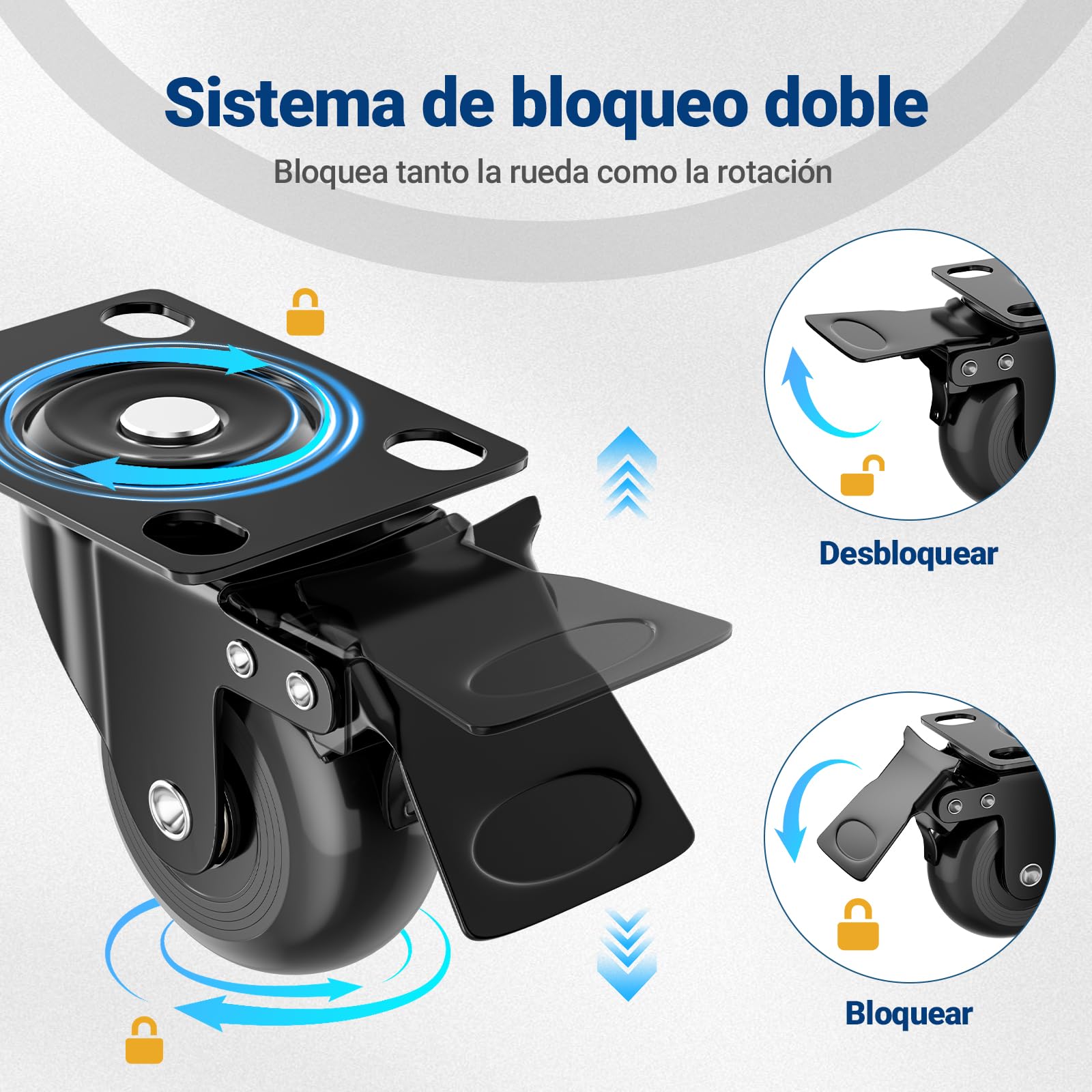 COSYLAND Ruedas para Muebles Pesados 50 mm, Juego de 4 Ruedas Giratorias 360° con Placa, Hasta 300 kg, No Dejan Marcas, para Transporte y Movimiento de Muebles, 4 Ruedas con Freno, Negro — view 4