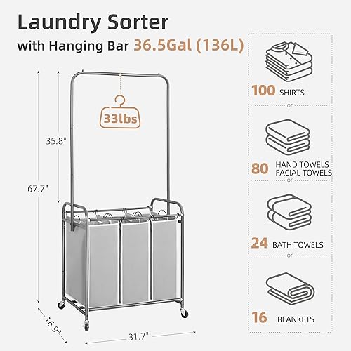 Miniatura 3 de STORAGE MANIAC Clasificador de ropa sucia con barra para colgar, carrito de lavandería con ruedas enrollables resistentes y bolsas extraíbles,