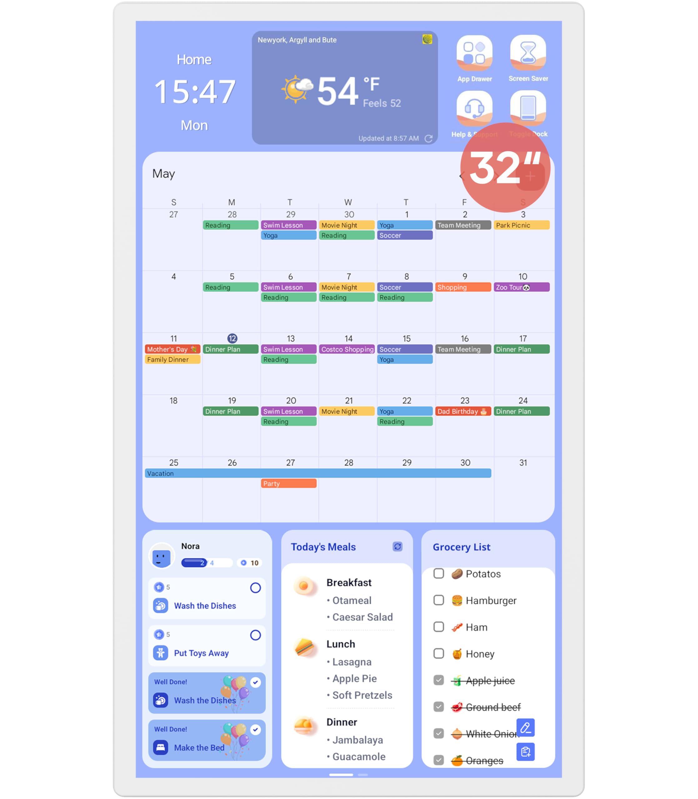 cozyla mate digital calendar 2 32 inch wall touch screen chore chart customizable dashboard smart electronic calendar for family schedules meal planner supports all google play apps wall mount white