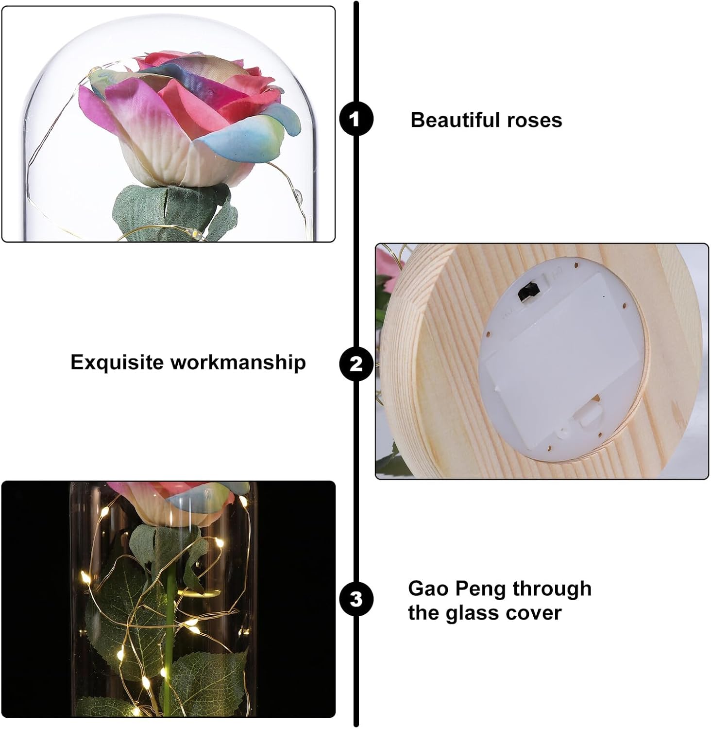 Uonlytech Valentines Preserved Rose Flower Decor with Glass Dome, LED Lighted Rose Ornament, Colorful Artificial Flower with Light Base for Home Decoration