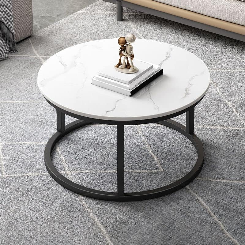 CraftThink Coffee Table Set, Contemporary Round Nesting Table Side Table End Table Stone Frame Without Drawers for Living Room, 31.5"L x 31.5"W x 18"H + 23.5"L x 23.5"W x 15"H (Grey White & Gold）