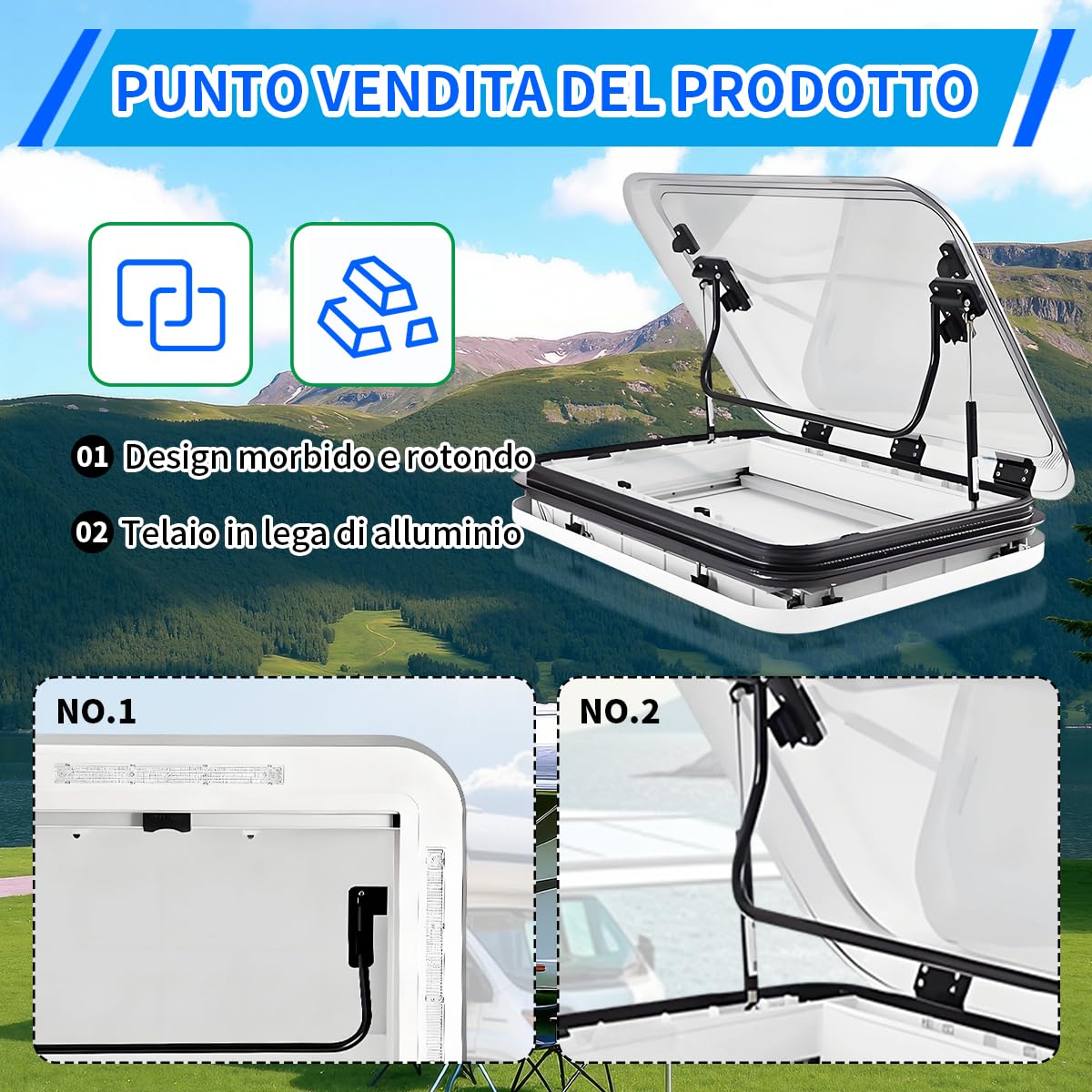 Oblò Tetto Camper Apribile, Lucernario 800x500mm con Luce LED, Ventilazione, Zanzariera e Tendina, Lega Alluminio per Roulotte e Food Truck