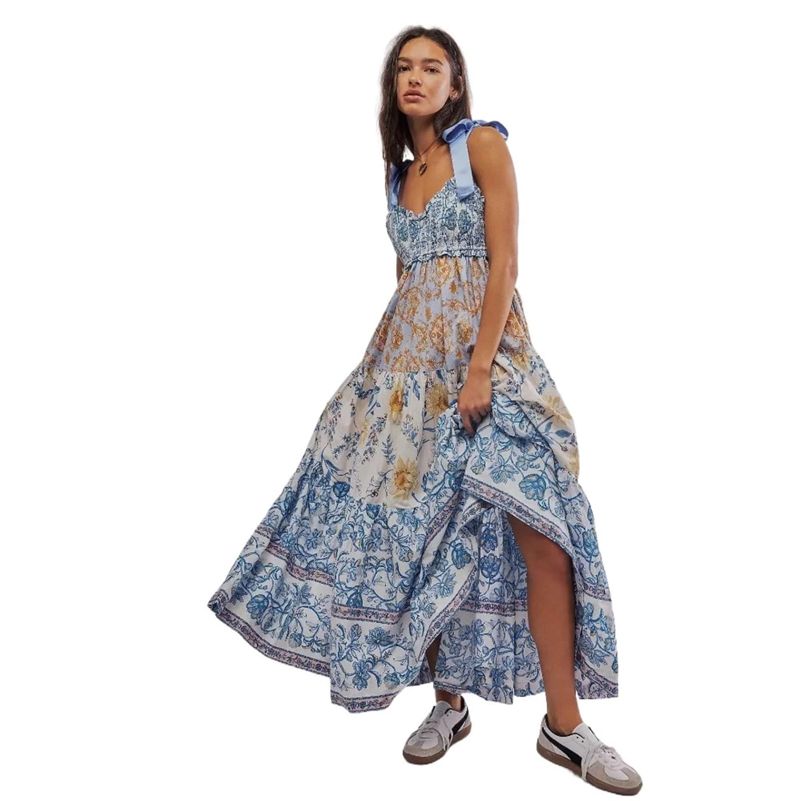 Vestido con Cordones, Estampado, for Vacaciones, Verano, étnico, Corte en A, Estilo Libre, Elegante, for Gente, Vestidos Largos.