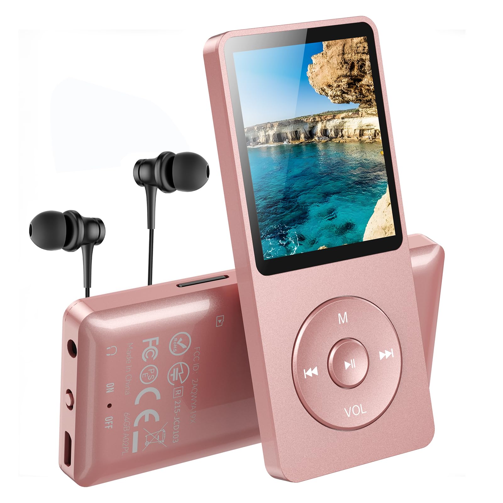 AGPTEK Lecteur MP3 Classique 64Go, Autonomie 70 Heures, Léger 30g, Hi-Fi, Baladeur Sport Enfant Adulte, Carte TF 128G - Rose